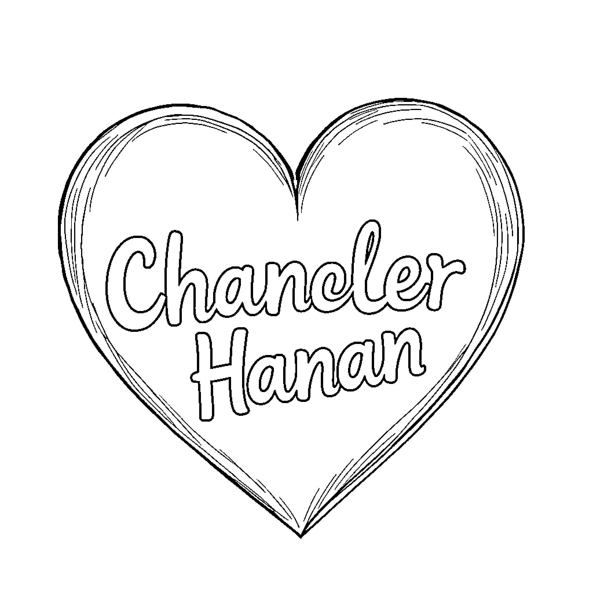 Heart with Chancler Hanan text Coloring Page (free black-and-white line drawing printable PDF for all, from beginners to advanced learners, including children, teens, adults, and seniors)