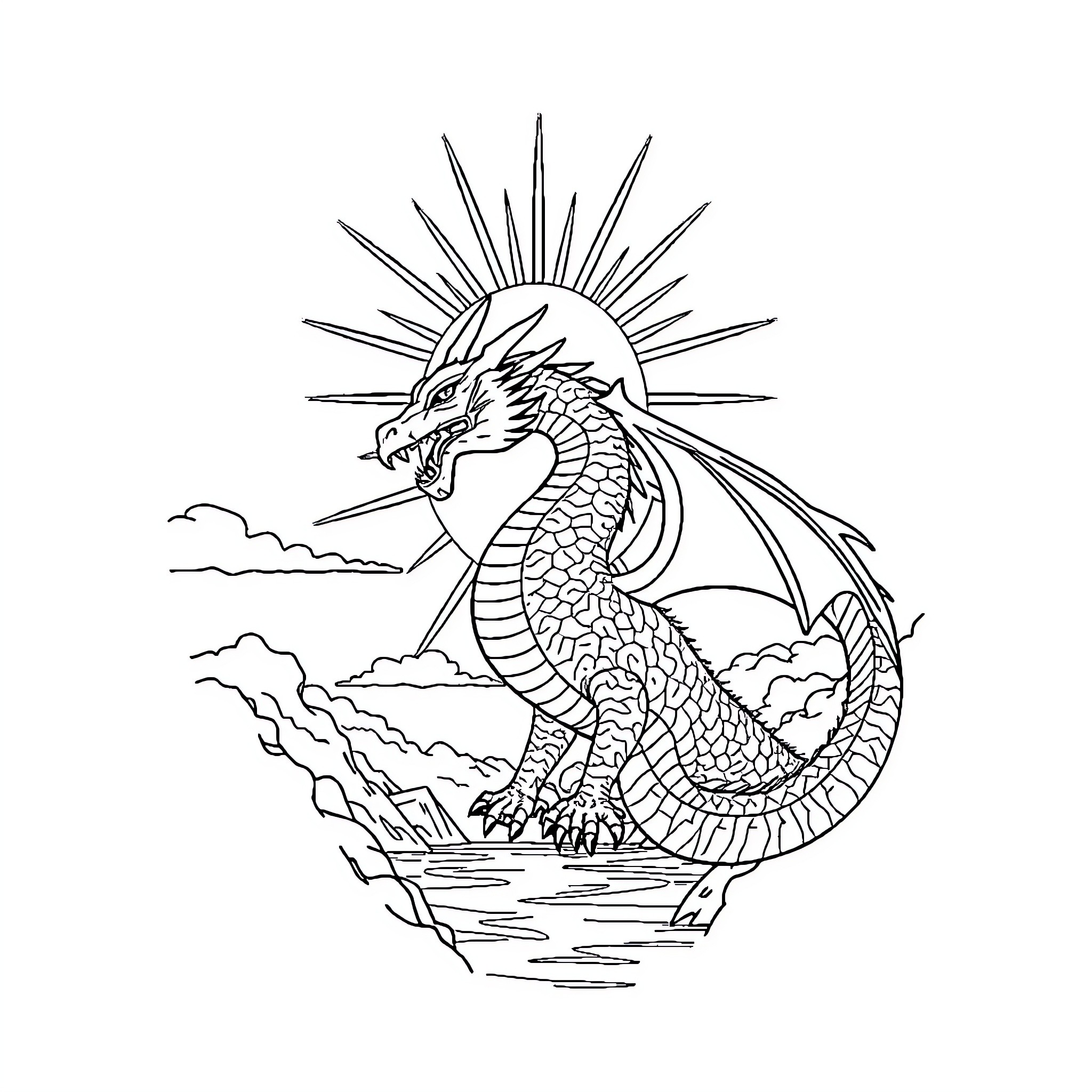 Sun Warrior Dragon Rising From the Waves Coloring Page (free black-and-white line drawing printable PDF for all, from beginners to advanced learners, including children, teens, adults, and seniors)