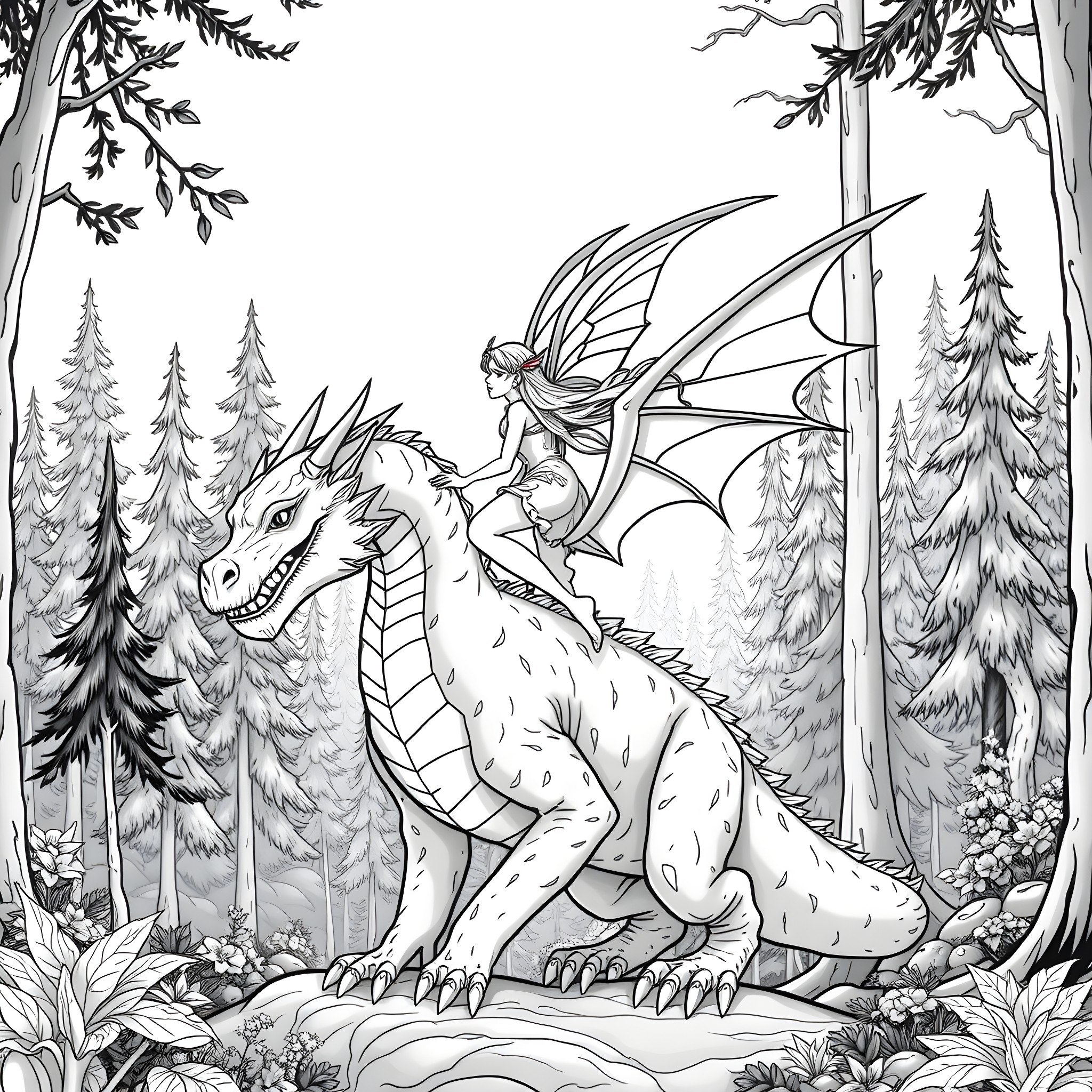 Fairy riding a dragon through a magical forest Coloring Page (free black-and-white line drawing printable PDF for all, from beginners to advanced learners, including children, teens, adults, and seniors)