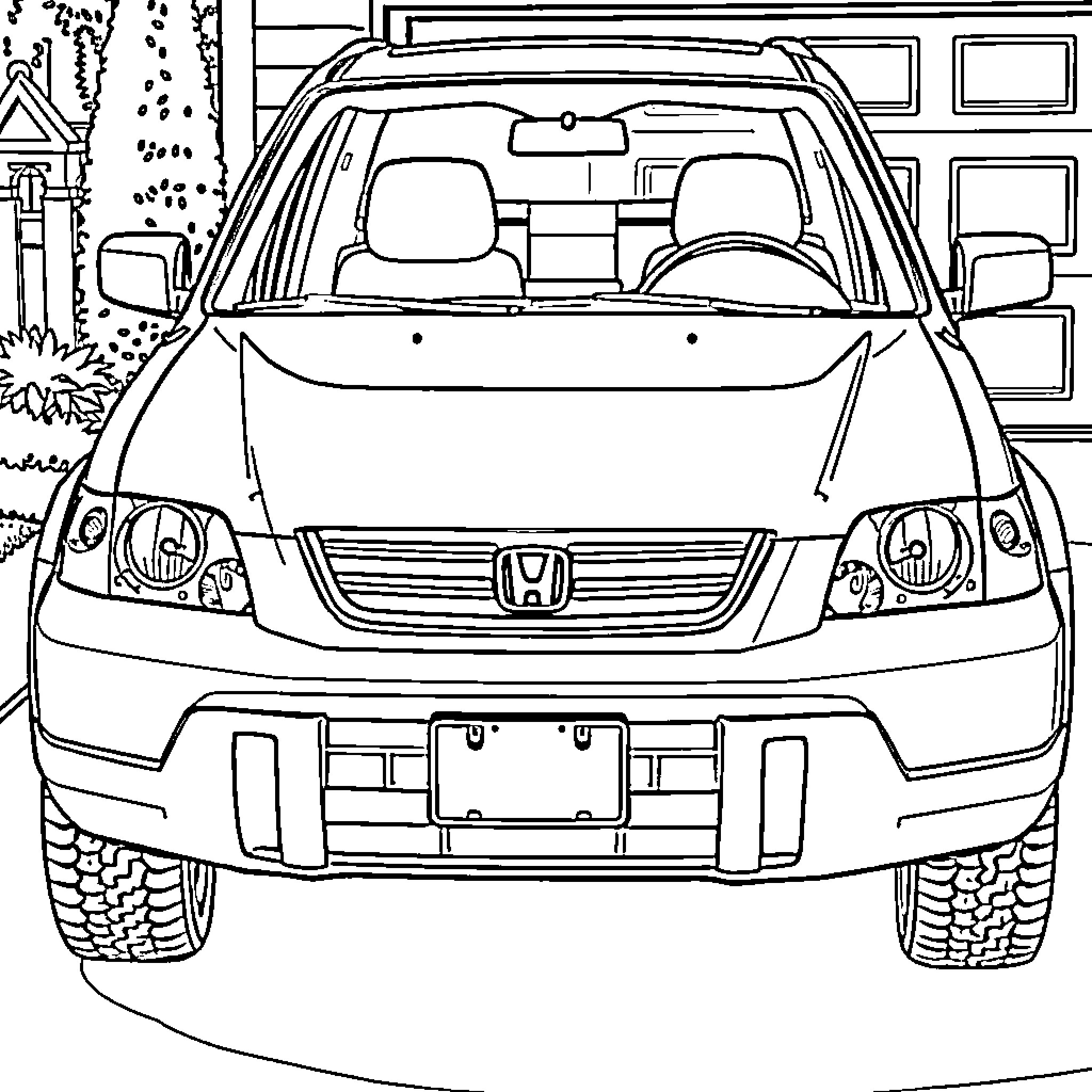 Honda CR-V in front of house Coloring Page (free black-and-white line drawing printable PDF for all, from beginners to advanced learners, including children, teens, adults, and seniors)