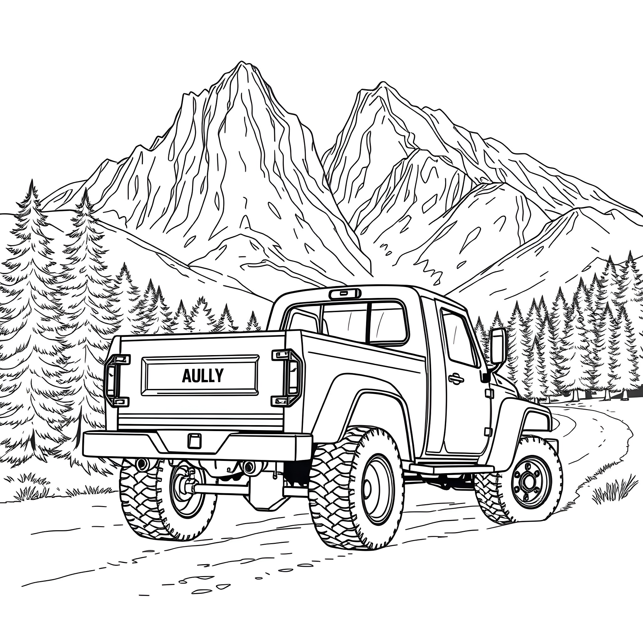 Dually Truck traversing rugged mountain terrain Coloring Page (free black-and-white line drawing printable PDF for all, from beginners to advanced learners, including children, teens, adults, and seniors)
