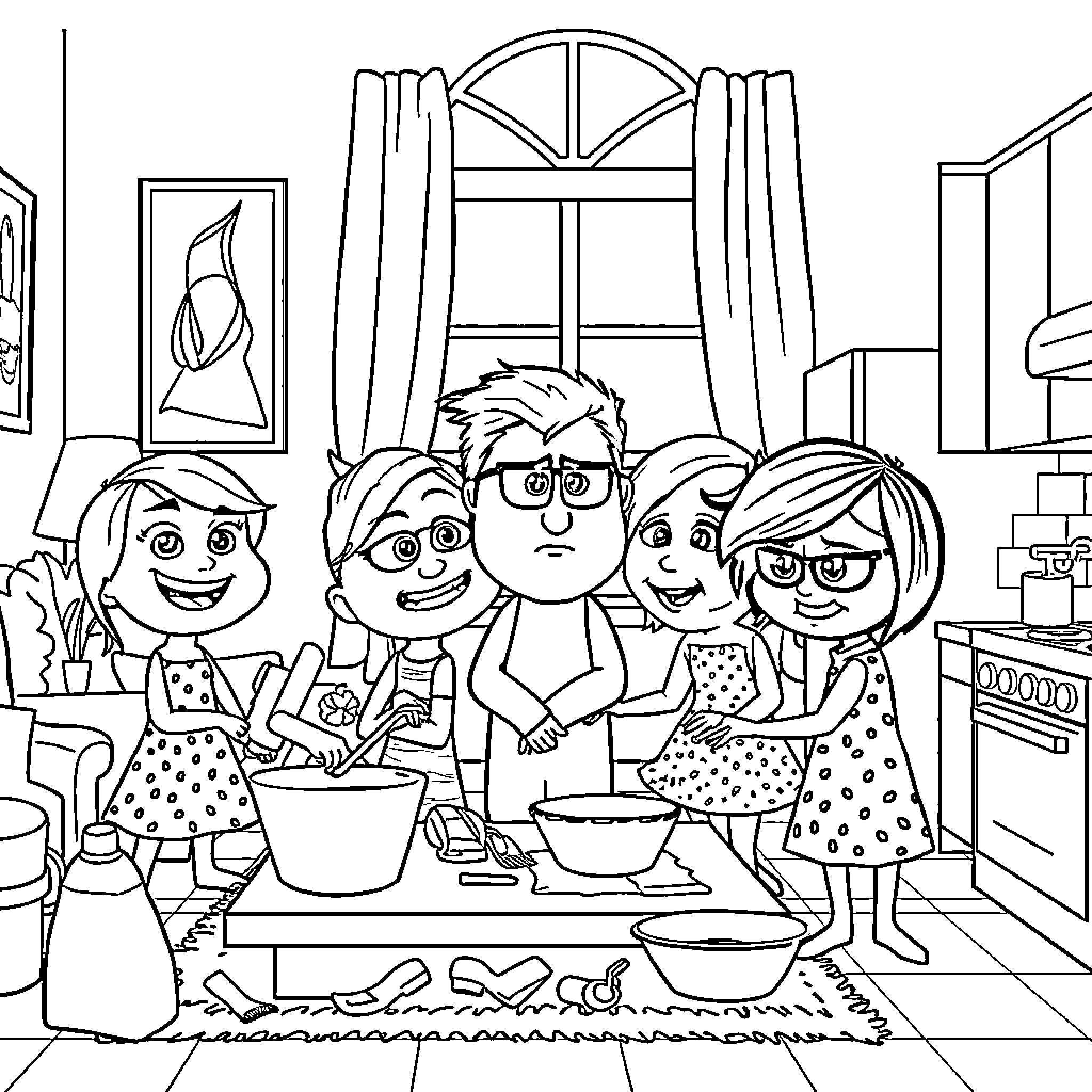 Character family cooking together in the kitchen Coloring Page (free black-and-white line drawing printable PDF for all, from beginners to advanced learners, including children, teens, adults, and seniors)