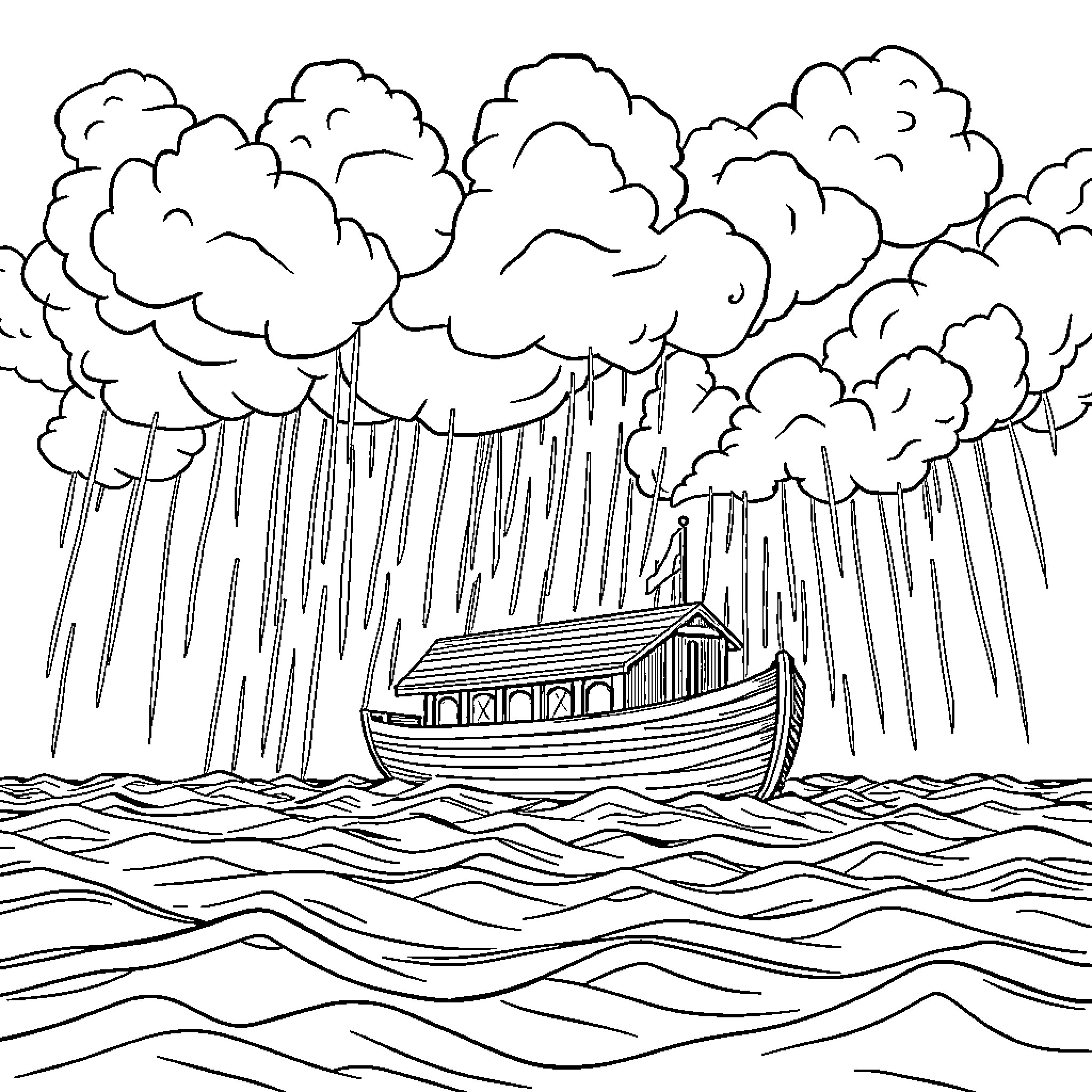 Noah's Ark sailing through stormy seas Coloring Page (free black-and-white line drawing printable PDF for all, from beginners to advanced learners, including children, teens, adults, and seniors)