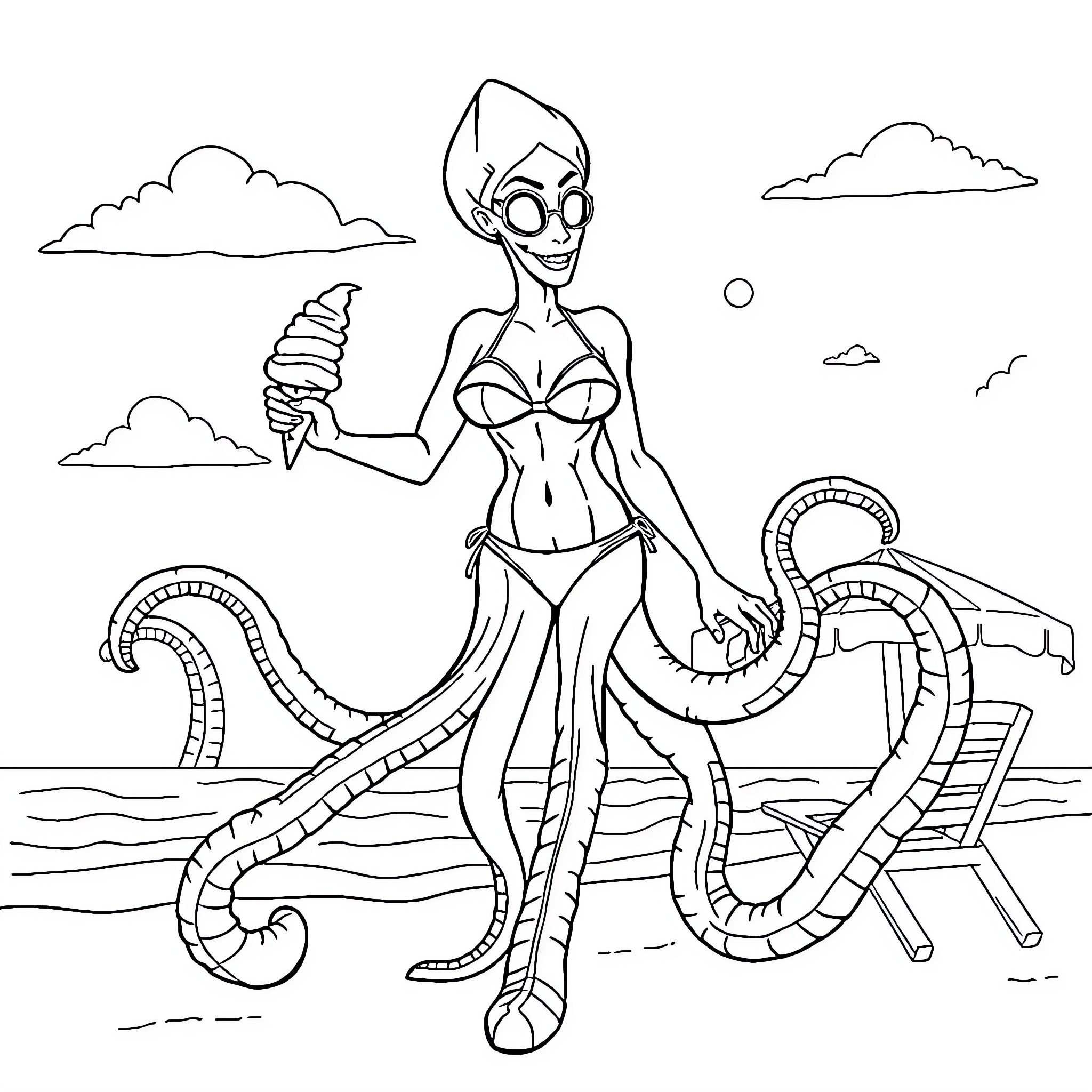 Squid-like creature enjoying a beach day Coloring Page (free black-and-white line drawing printable PDF for all, from beginners to advanced learners, including children, teens, adults, and seniors)