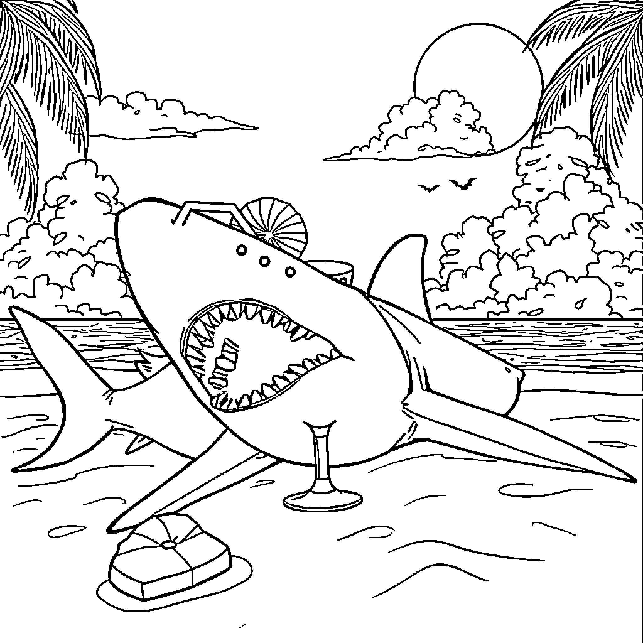 Shark exploring tropical beach landscape Coloring Page (free black-and-white line drawing printable PDF for all, from beginners to advanced learners, including children, teens, adults, and seniors)