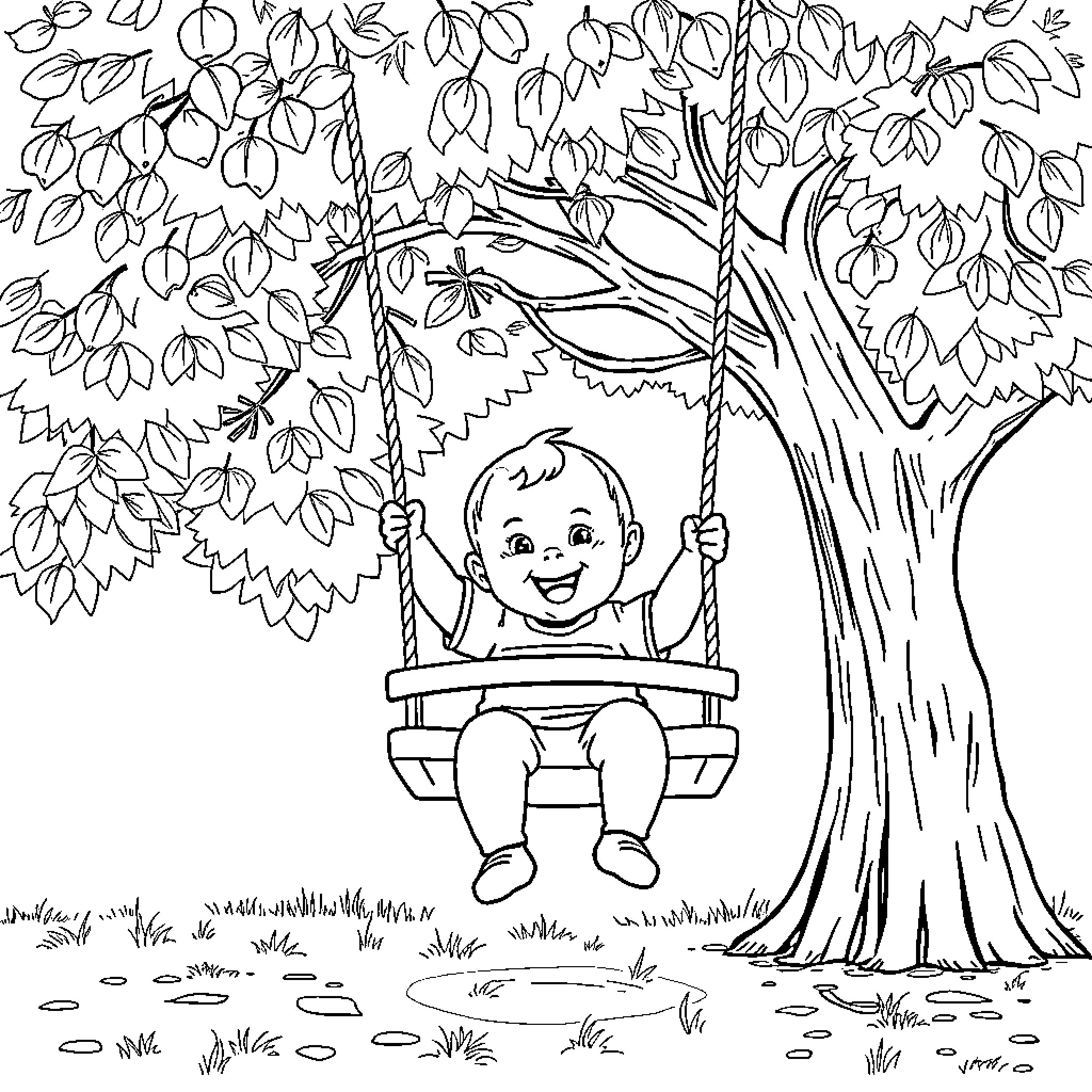 Baby joyfully swinging on a tree branch Coloring Page (free black-and-white line drawing printable PDF for all, from beginners to advanced learners, including children, teens, adults, and seniors)