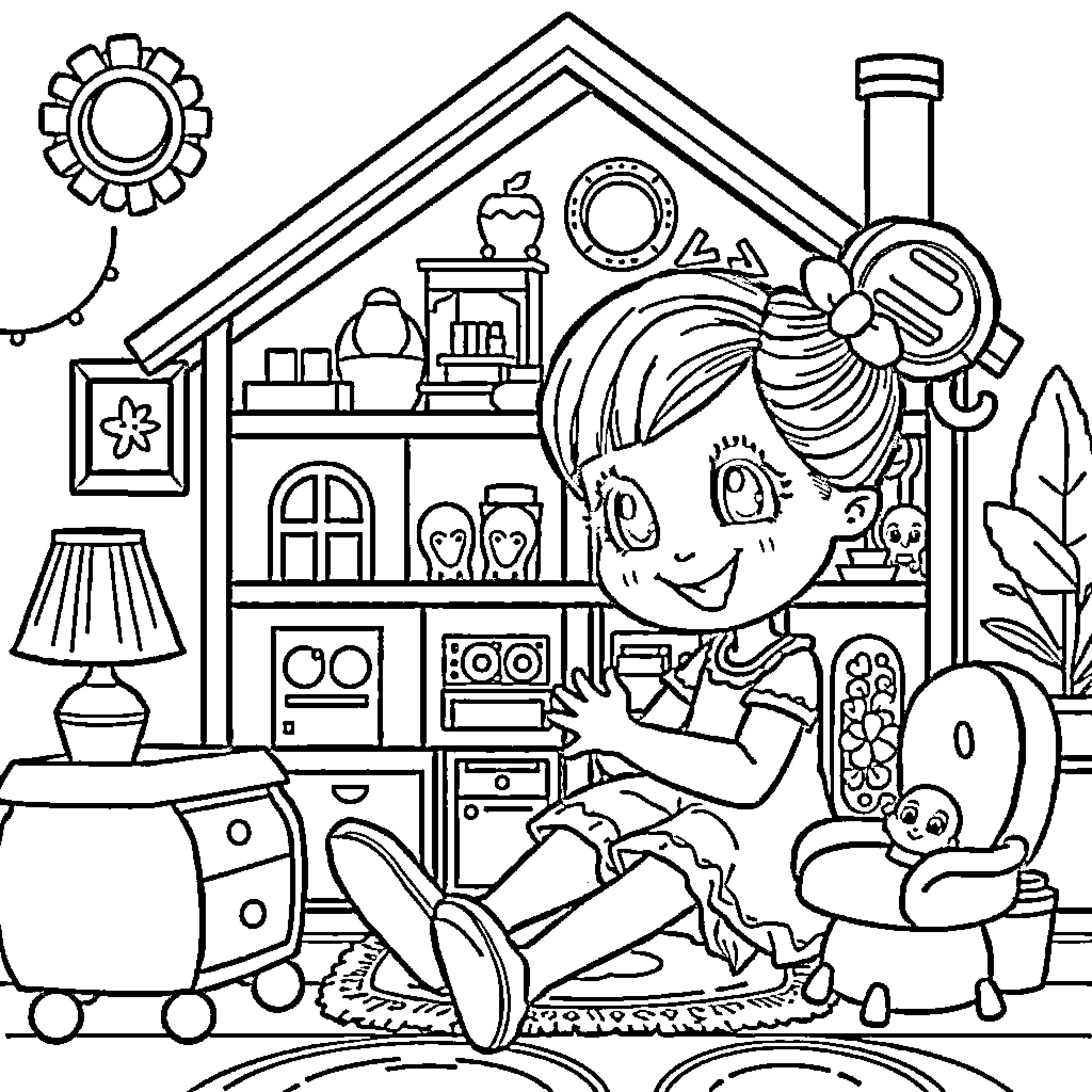 Gabby's Playful Bedroom Adventure Coloring Page (free black-and-white line drawing printable PDF for all, from beginners to advanced learners, including children, teens, adults, and seniors)