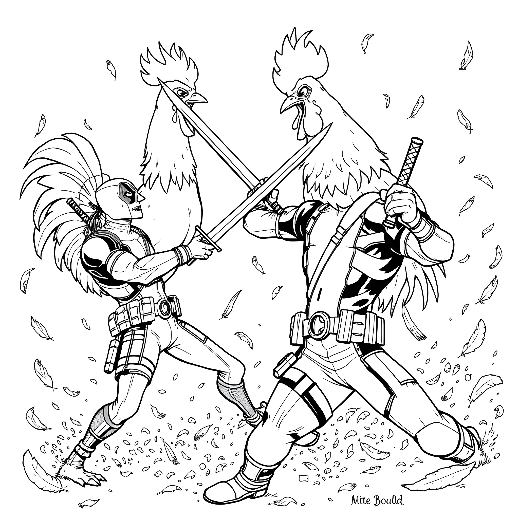 Deadpool's Rooster Riot: A Superhero Battle in Feathers Coloring Page (free black-and-white line drawing printable PDF for all, from beginners to advanced learners, including children, teens, adults, and seniors)