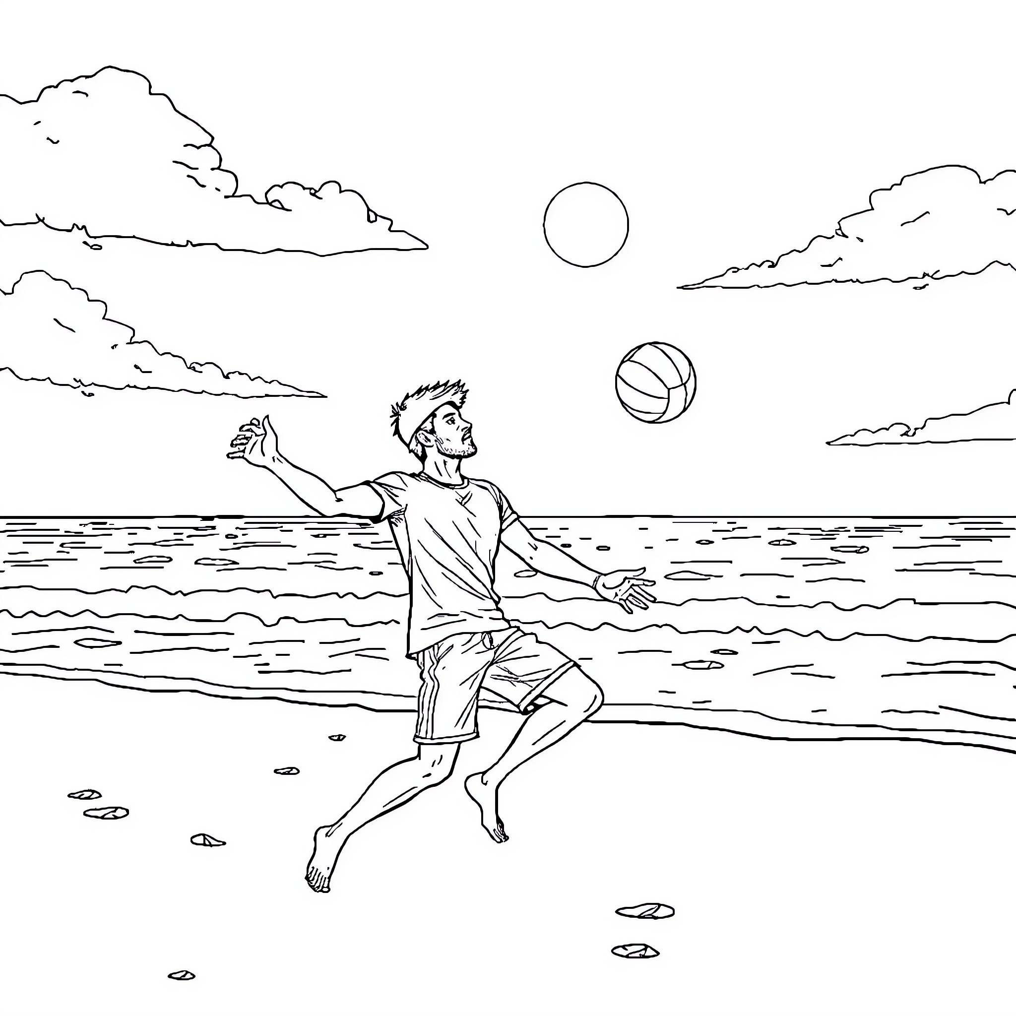 Spider-Man playing beach volleyball in the ocean Coloring Page (free black-and-white line drawing printable PDF for all, from beginners to advanced learners, including children, teens, adults, and seniors)