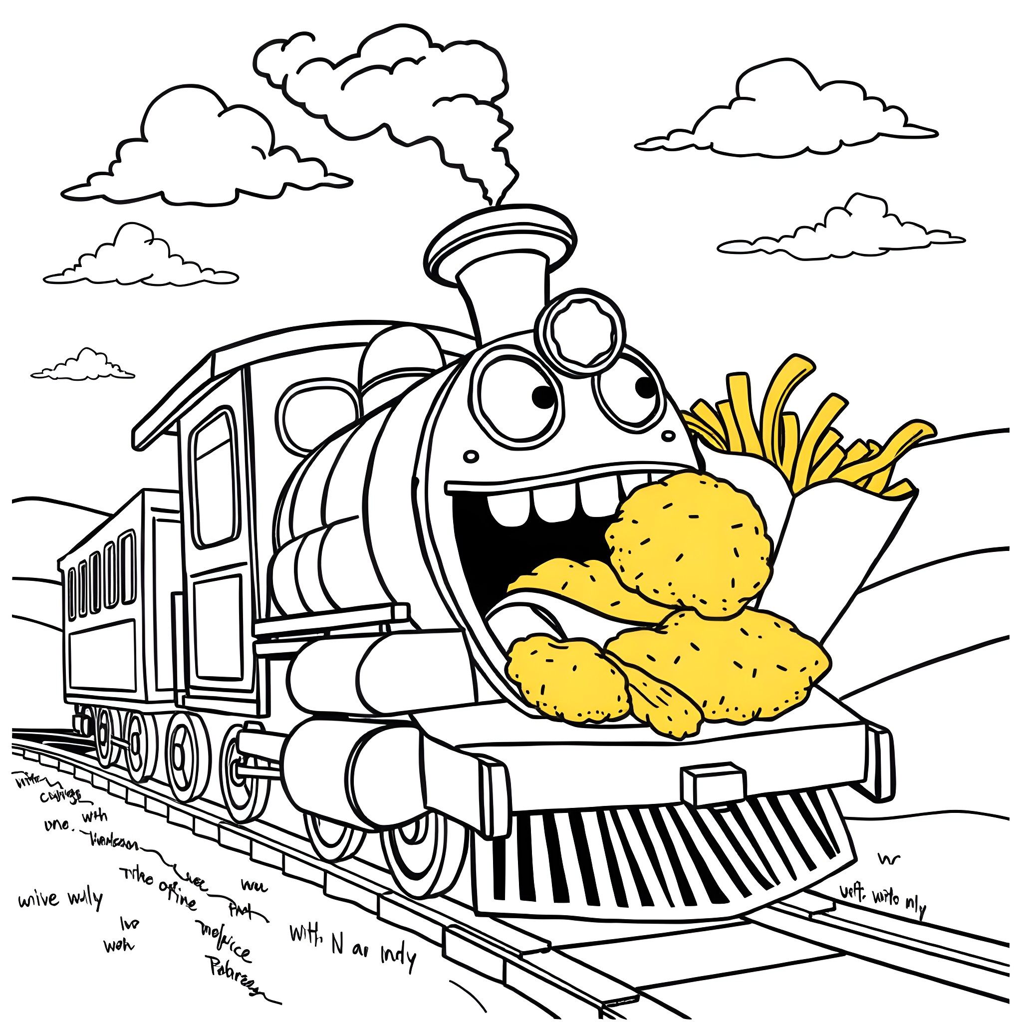 Train Carrying a Cheerful Load of Snacks Coloring Page (free black-and-white line drawing printable PDF for all, from beginners to advanced learners, including children, teens, adults, and seniors)