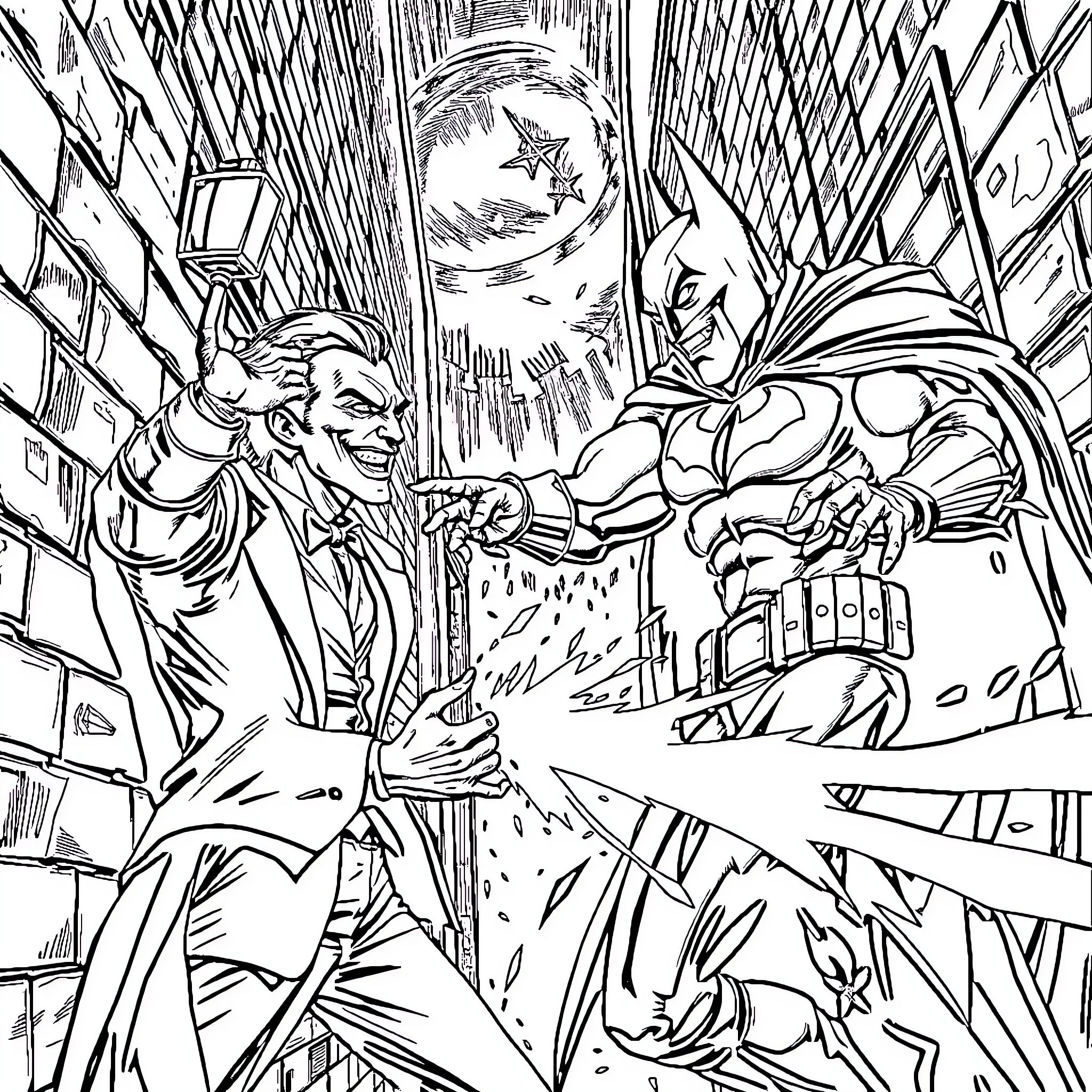 Batman's Confrontation with the Joker in the City Coloring Page (free black-and-white line drawing printable PDF for all, from beginners to advanced learners, including children, teens, adults, and seniors)