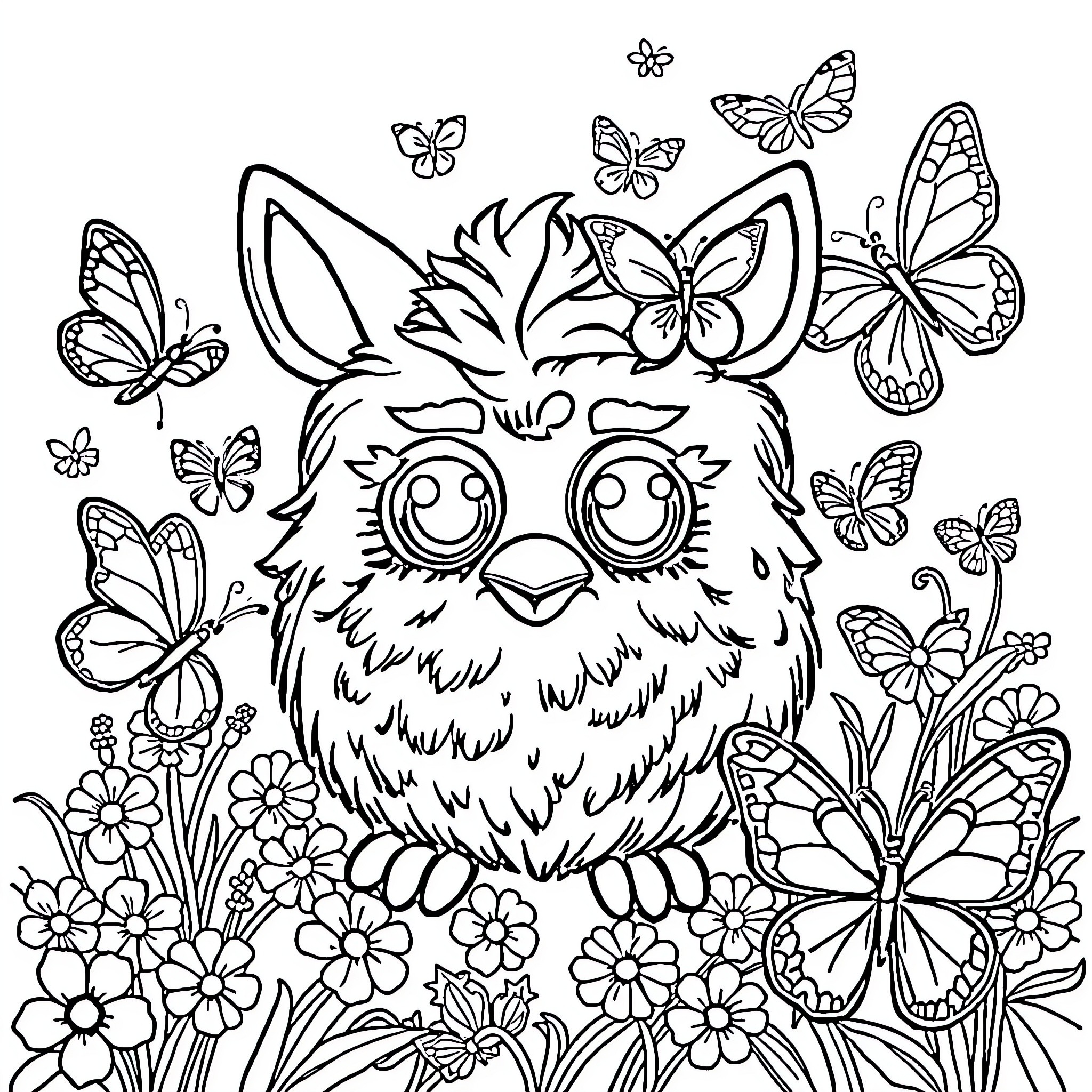 Furby surrounded by playful butterflies and flowers Coloring Page (free black-and-white line drawing printable PDF for all, from beginners to advanced learners, including children, teens, adults, and seniors)