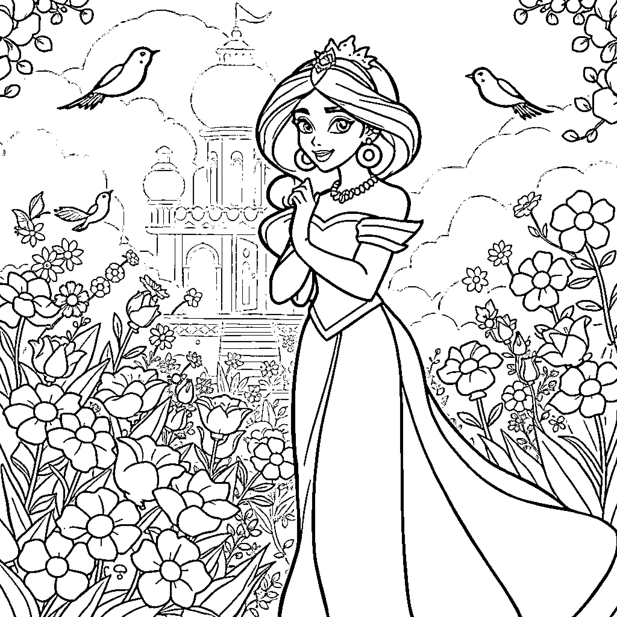 Jasmine enjoying a lovely day in the garden Coloring Page (free black-and-white line drawing printable PDF for all, from beginners to advanced learners, including children, teens, adults, and seniors)