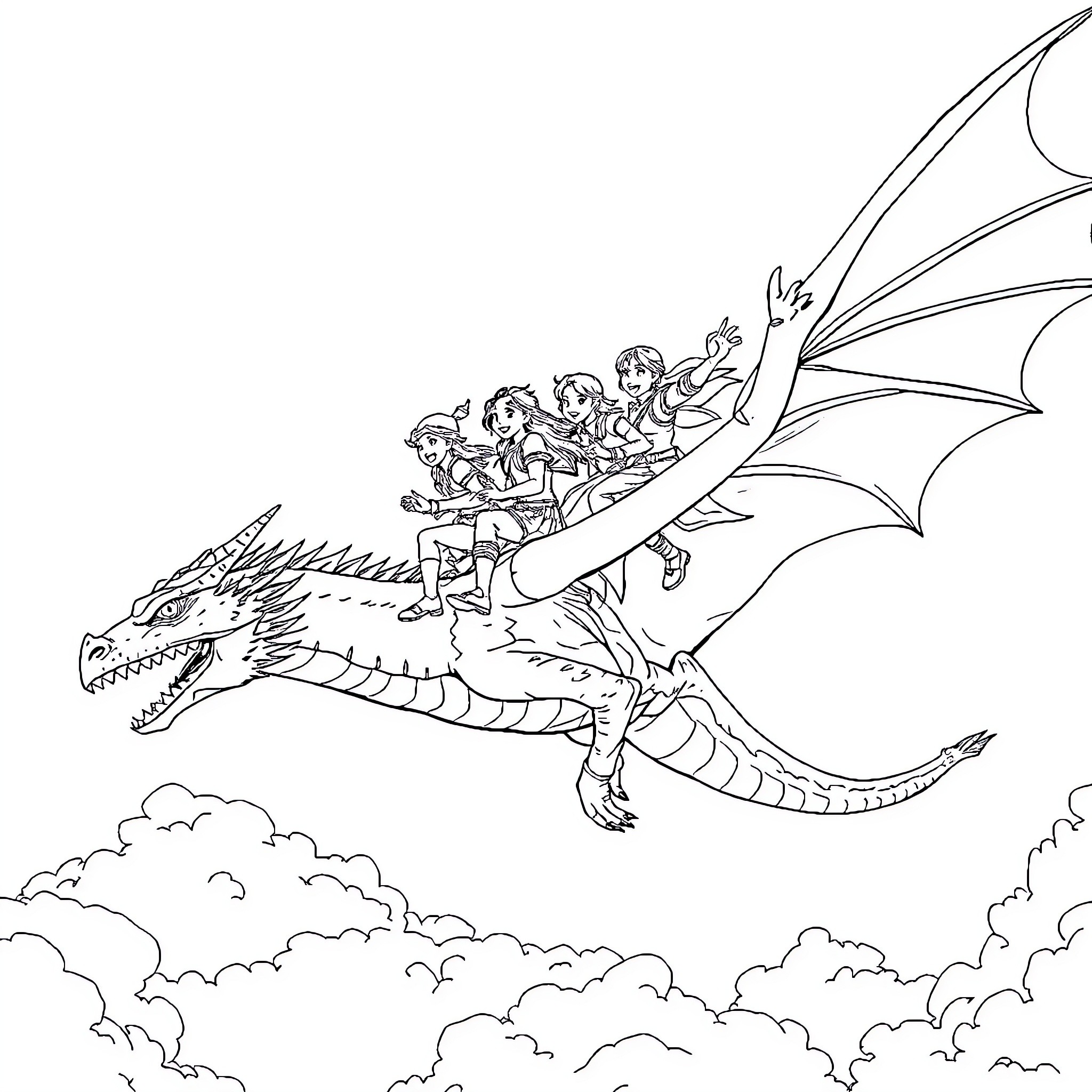 Dragon Carrying Group on an Aerial Adventure Coloring Page (free black-and-white line drawing printable PDF for all, from beginners to advanced learners, including children, teens, adults, and seniors)