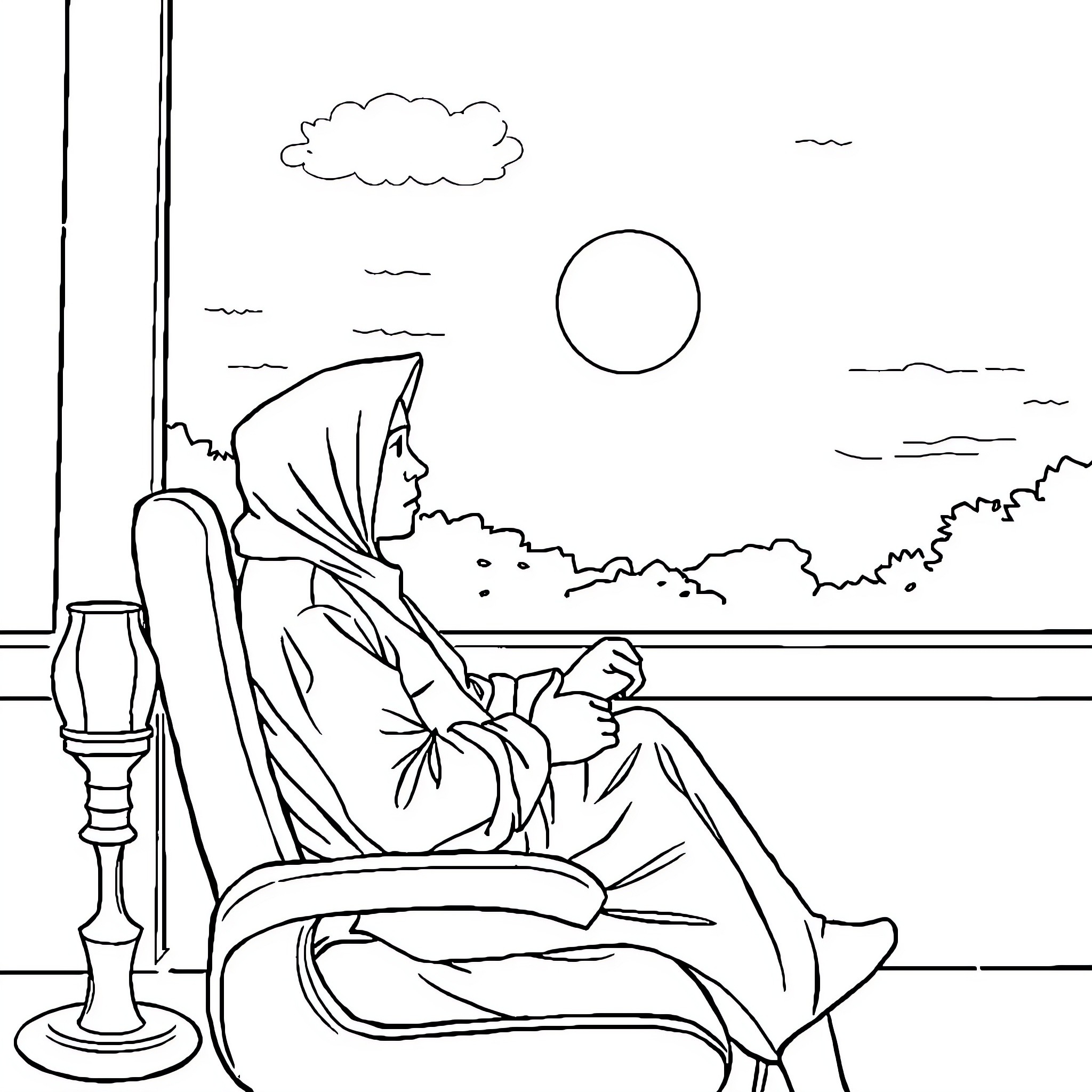 Pemuda contemplating under the moonlight Coloring Page (free black-and-white line drawing printable PDF for all, from beginners to advanced learners, including children, teens, adults, and seniors)