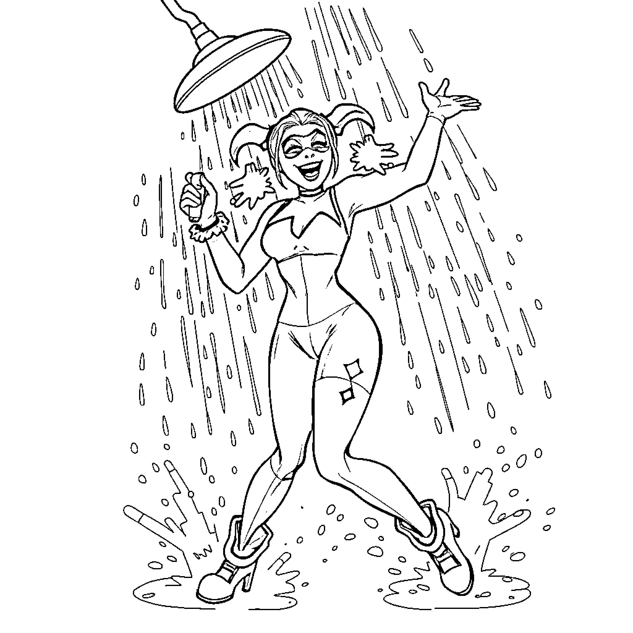 Harley Quinn enjoying a lively shower scene Coloring Page (free black-and-white line drawing printable PDF for all, from beginners to advanced learners, including children, teens, adults, and seniors)