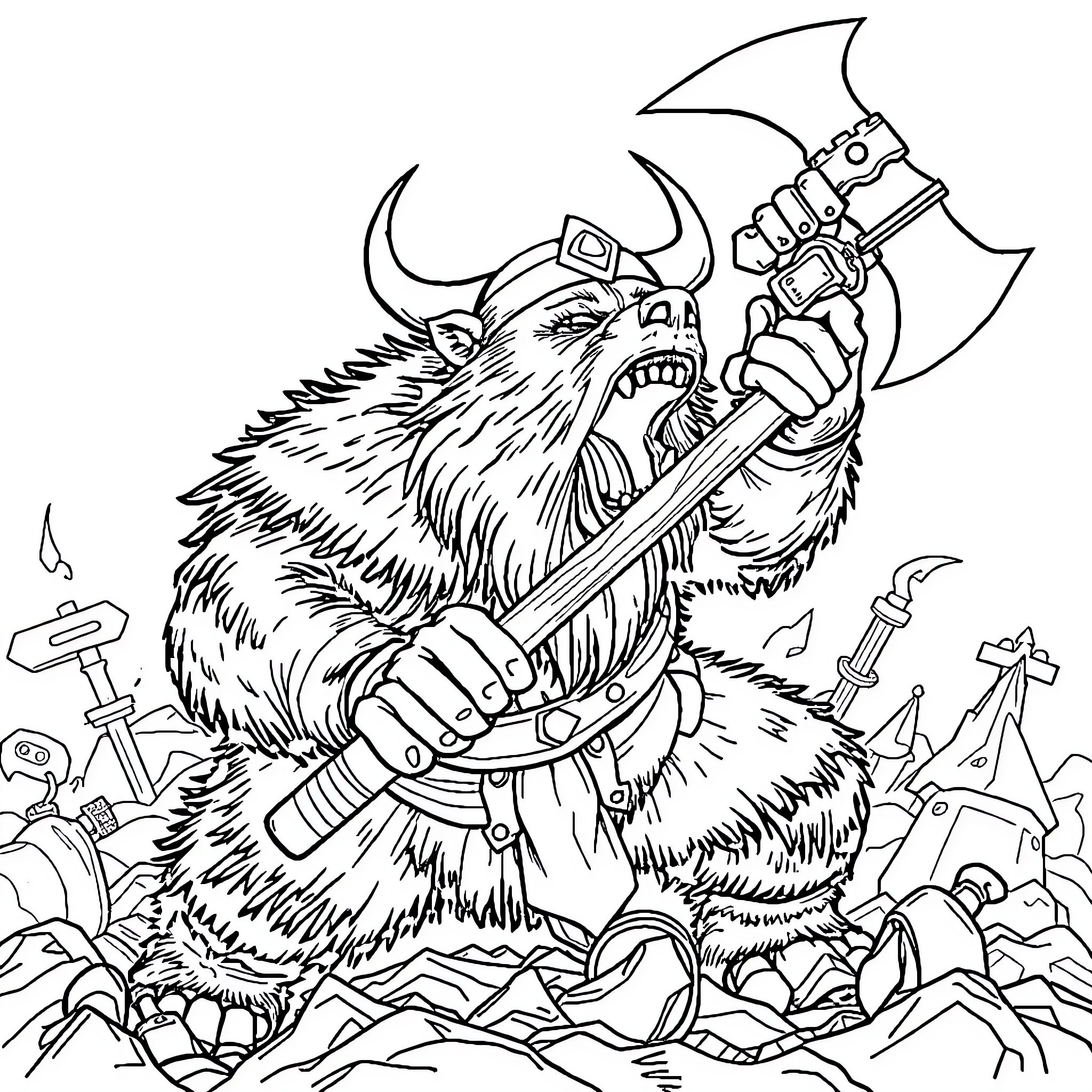 Bear warrior wielding an axe among ruins Coloring Page (free black-and-white line drawing printable PDF for all, from beginners to advanced learners, including children, teens, adults, and seniors)