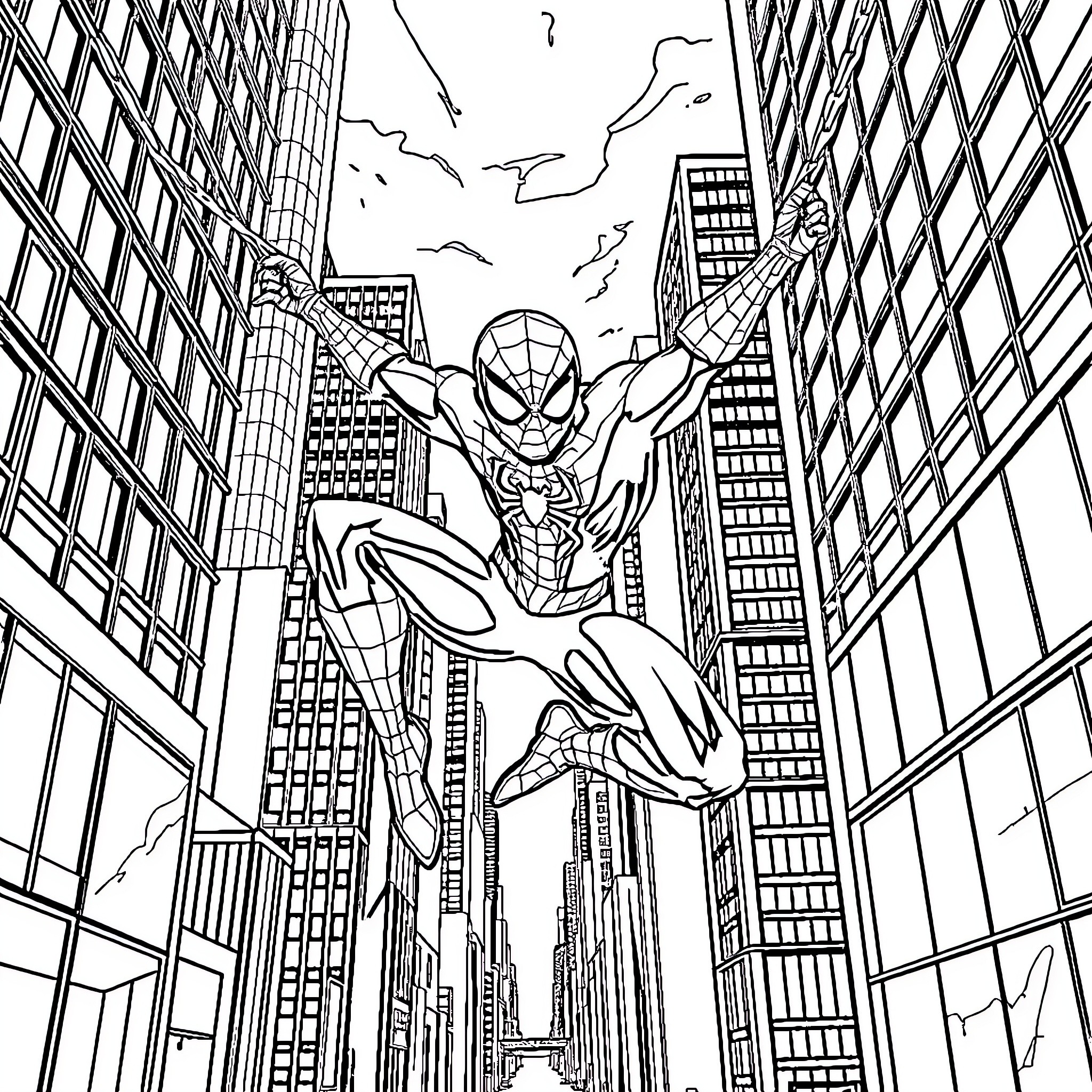 Spiderman swinging through the city skyline Coloring Page (free black-and-white line drawing printable PDF for all, from beginners to advanced learners, including children, teens, adults, and seniors)