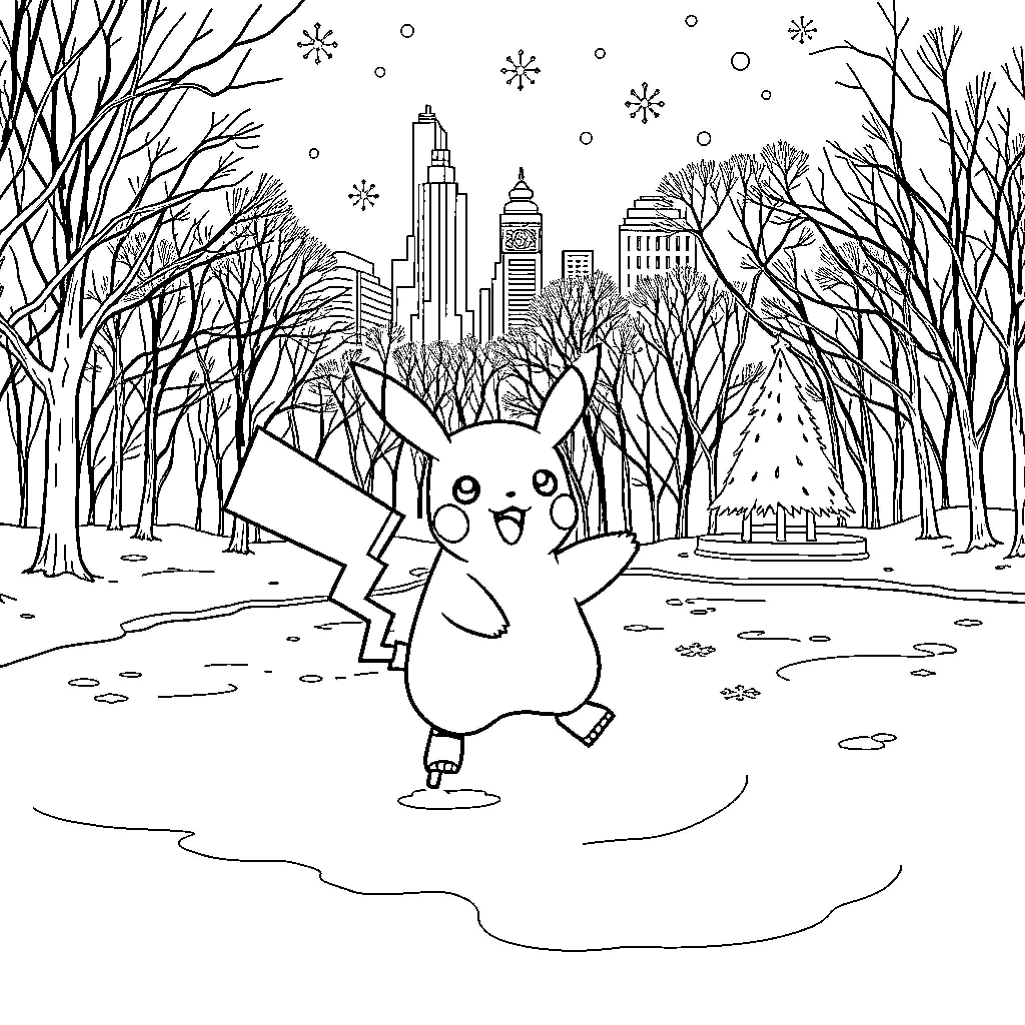 Pikachu Frolicking in Snowy Urban Landscape Coloring Page (free black-and-white line drawing printable PDF for all, from beginners to advanced learners, including children, teens, adults, and seniors)