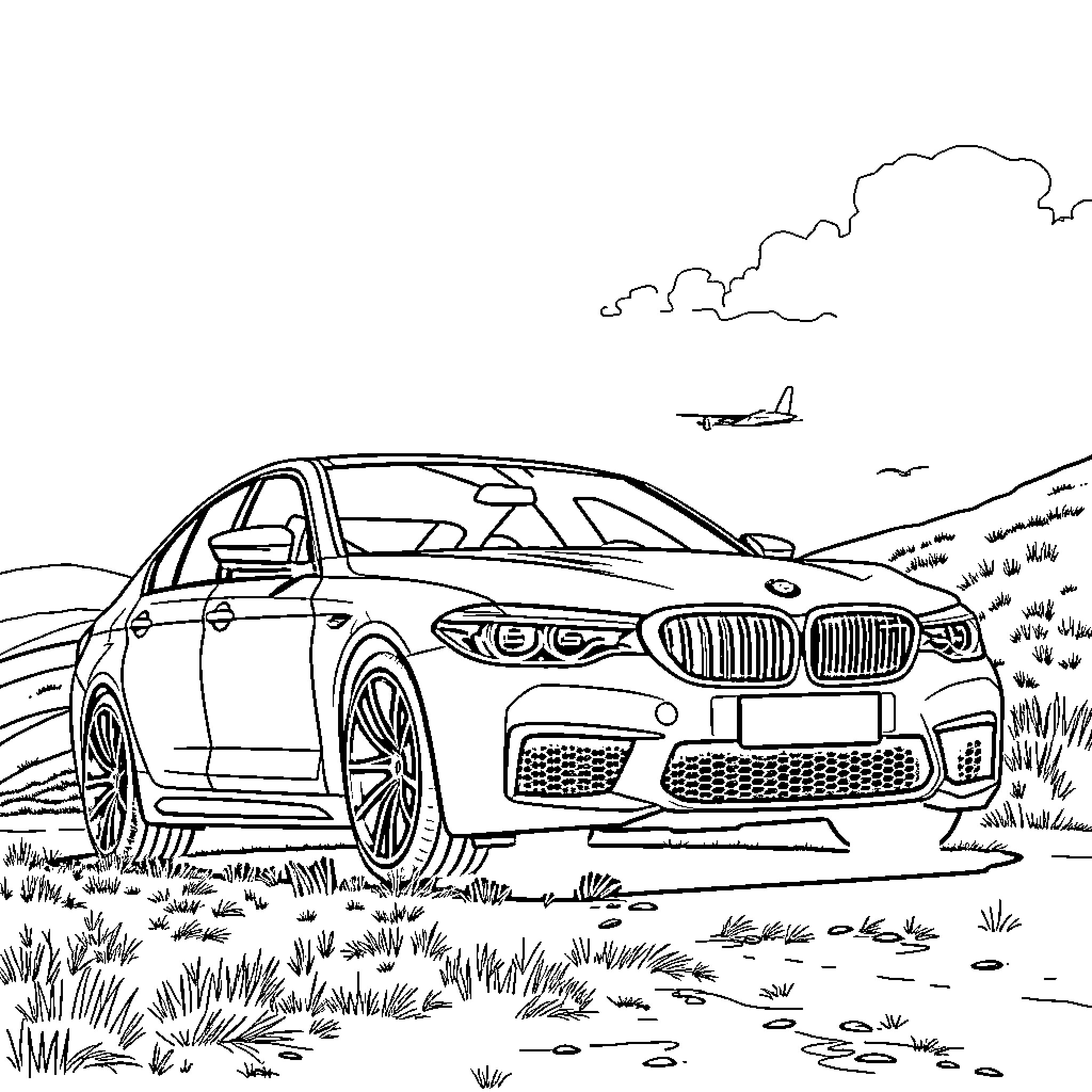 BMW M5 speeding through a scenic landscape Coloring Page (free black-and-white line drawing printable PDF for all, from beginners to advanced learners, including children, teens, adults, and seniors)