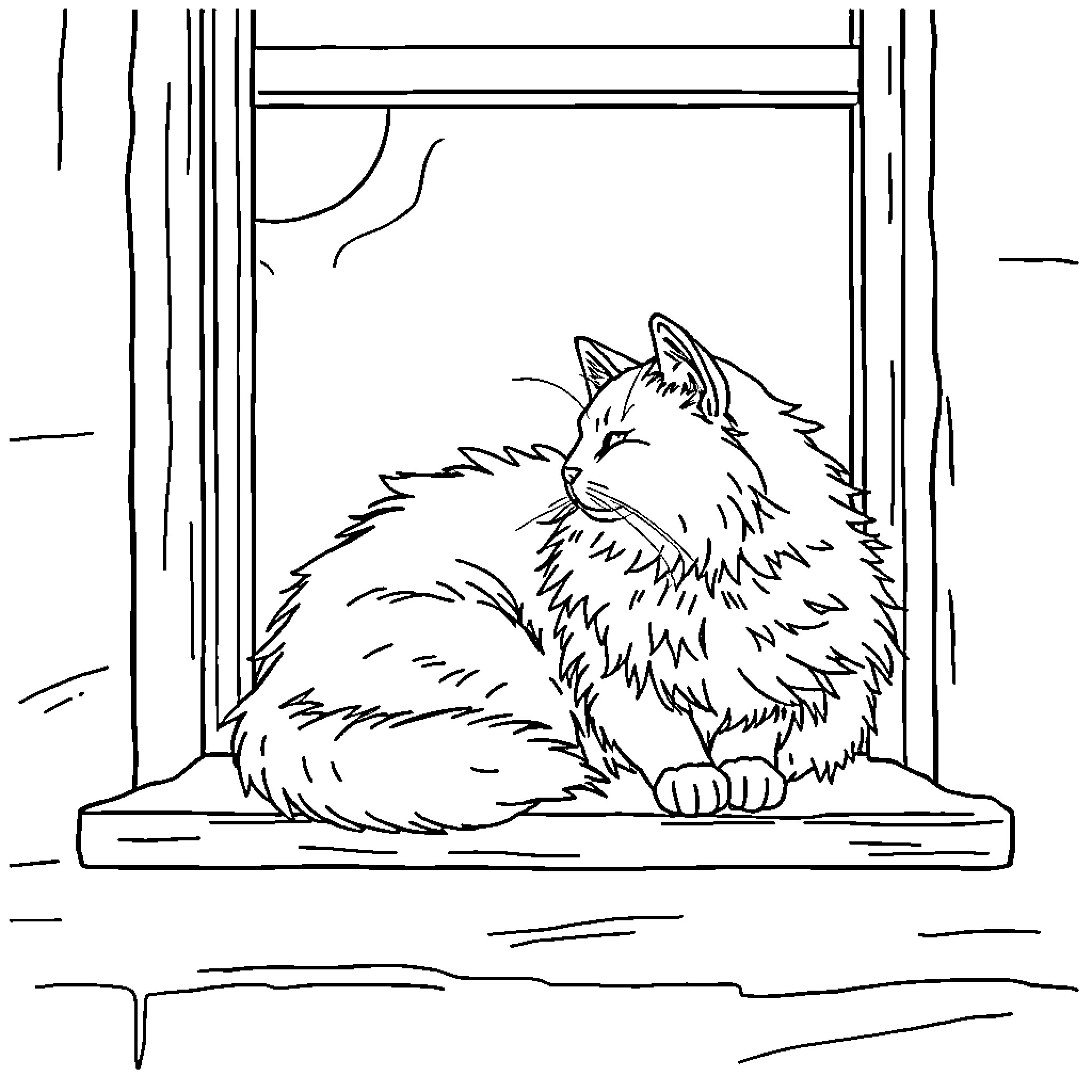 Cat resting peacefully on windowsill Coloring Page (free black-and-white line drawing printable PDF for all, from beginners to advanced learners, including children, teens, adults, and seniors)