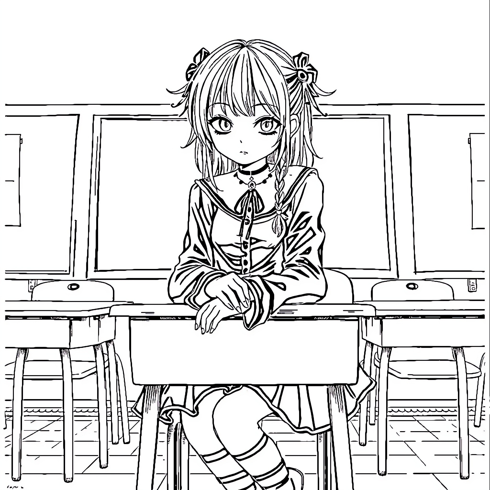 Gothic Girl Studying at School Desk Coloring Page (free black-and-white line drawing printable PDF for all, from beginners to advanced learners, including children, teens, adults, and seniors)