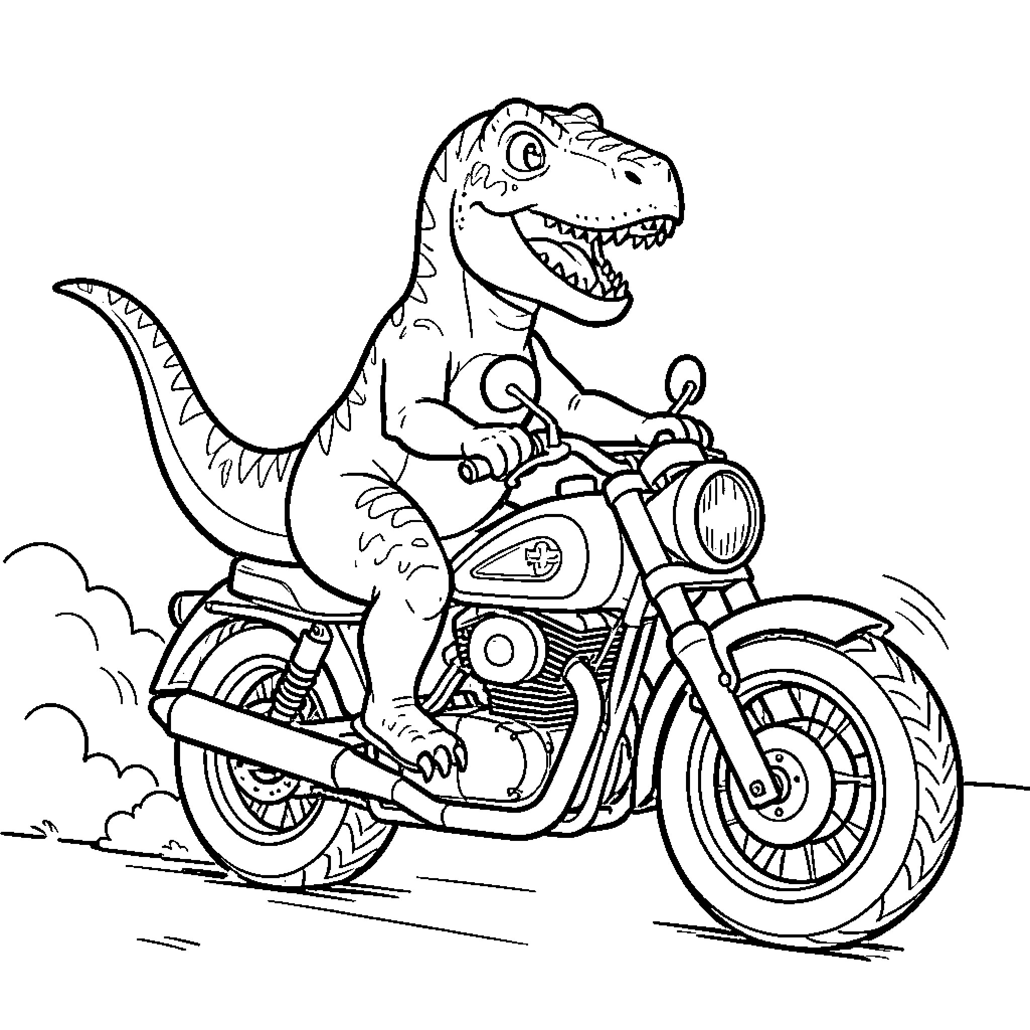 Dinosaur riding a motorcycle with an excited expression Coloring Page (free black-and-white line drawing printable PDF for all, from beginners to advanced learners, including children, teens, adults, and seniors)
