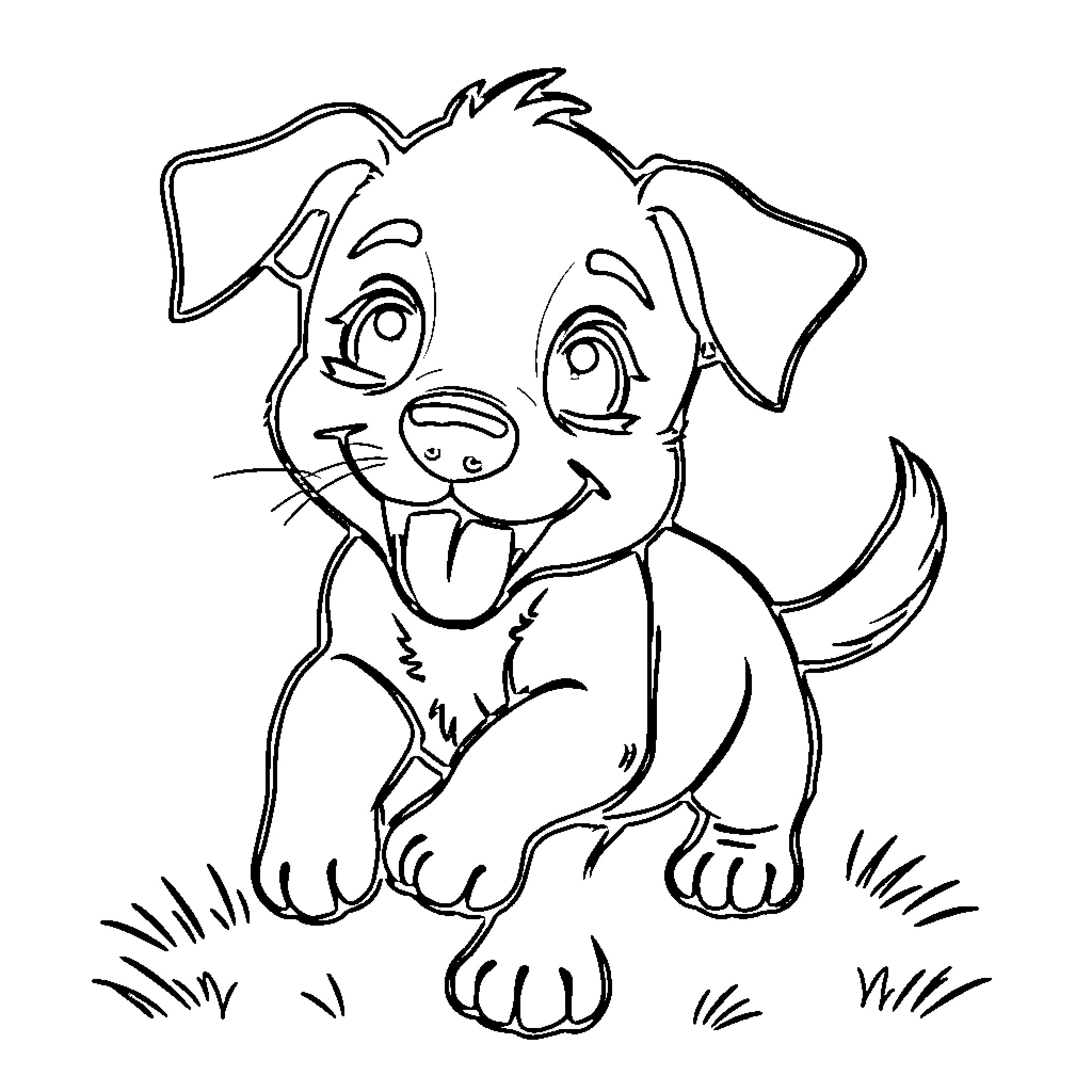 Puppy sitting happily in the grass Coloring Page (free black-and-white line drawing printable PDF for all, from beginners to advanced learners, including children, teens, adults, and seniors)