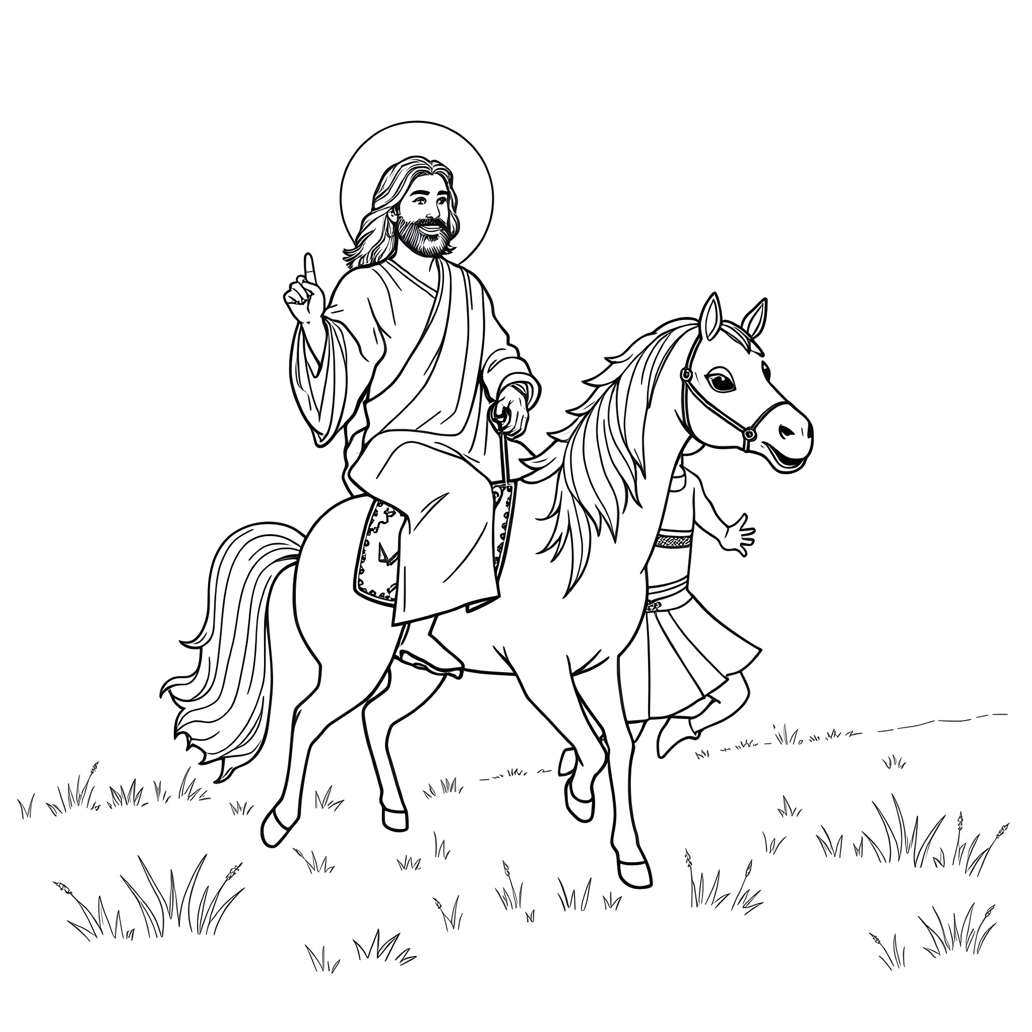Jesus riding a horse in the countryside Coloring Page (free black-and-white line drawing printable PDF for all, from beginners to advanced learners, including children, teens, adults, and seniors)