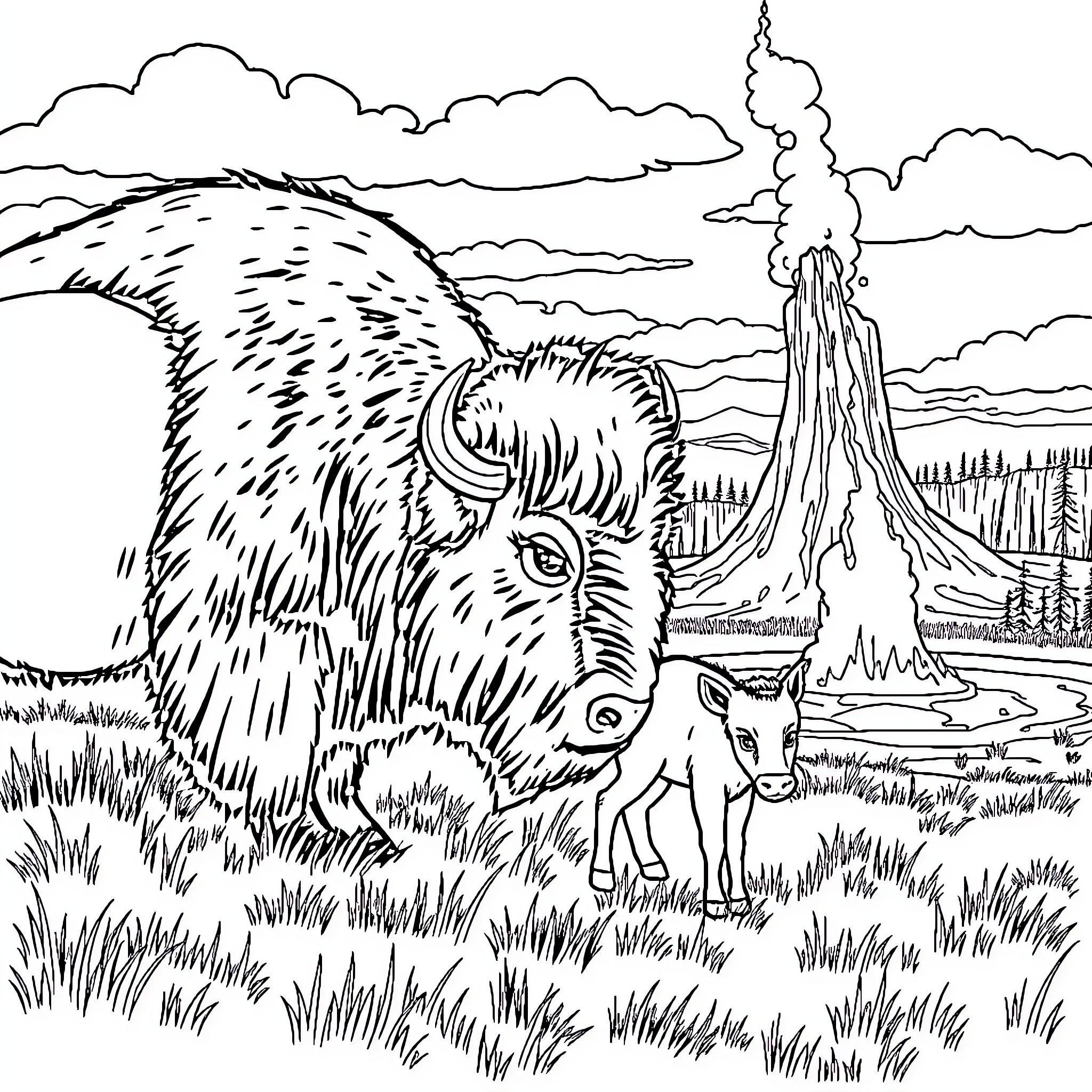Bison grazing in scenic landscape Coloring Page (free black-and-white line drawing printable PDF for all, from beginners to advanced learners, including children, teens, adults, and seniors)