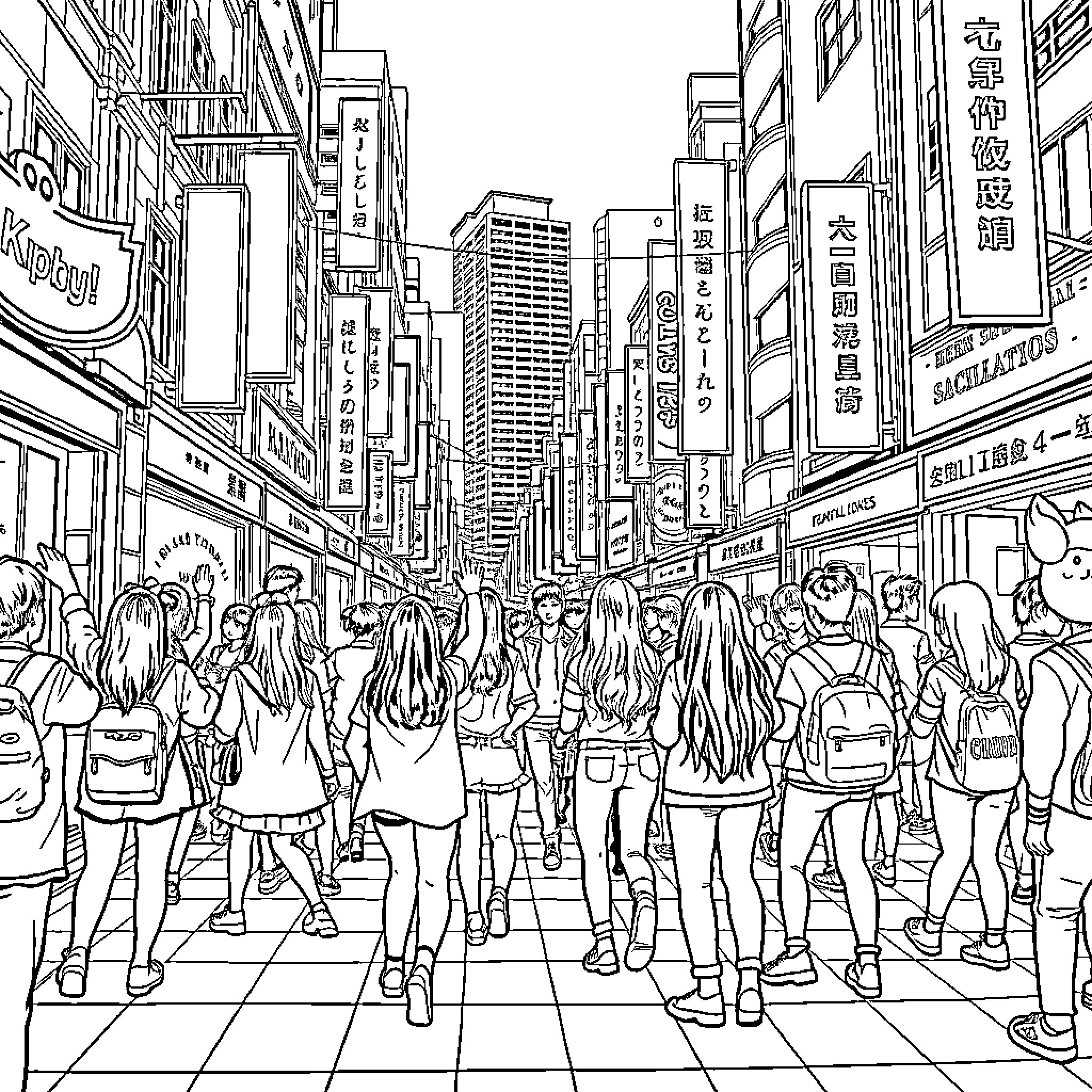 K Pop Crowd Exploring Bustling City Streets Coloring Page (free black-and-white line drawing printable PDF for all, from beginners to advanced learners, including children, teens, adults, and seniors)