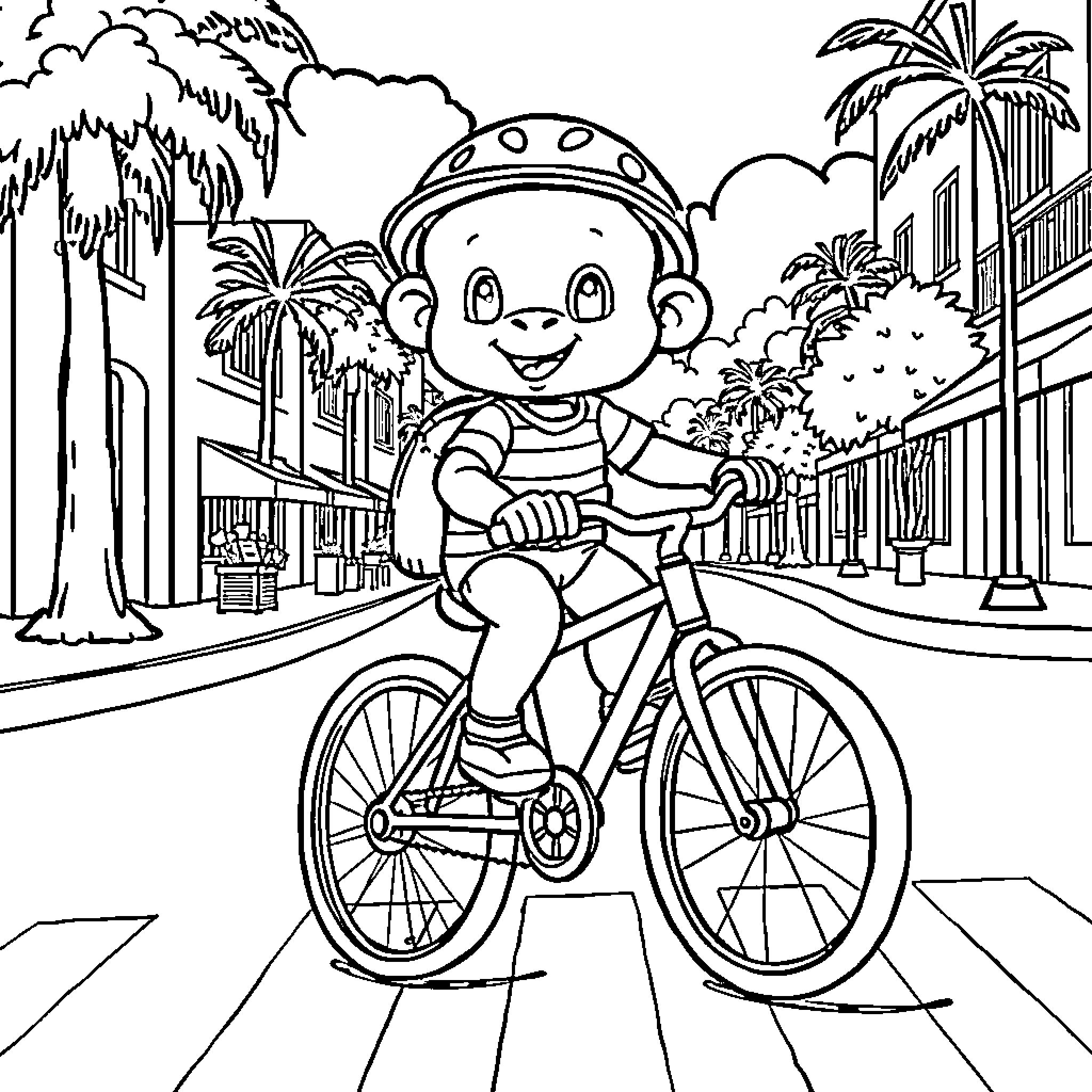 Labubu's Bicycle Adventure in a Tropical Town Coloring Page (free black-and-white line drawing printable PDF for all, from beginners to advanced learners, including children, teens, adults, and seniors)
