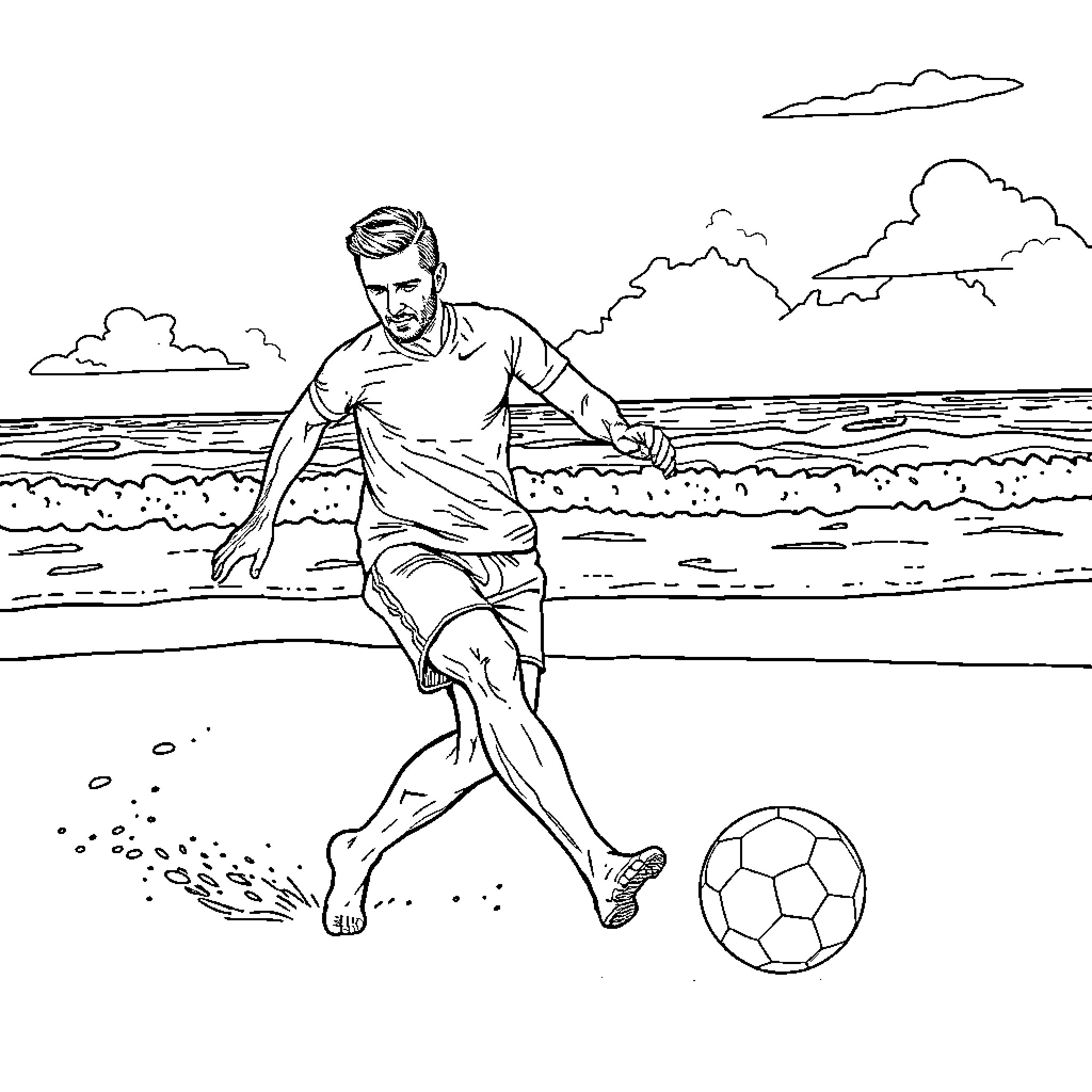 David Beckham playing soccer on the beach Coloring Page (free black-and-white line drawing printable PDF for all, from beginners to advanced learners, including children, teens, adults, and seniors)