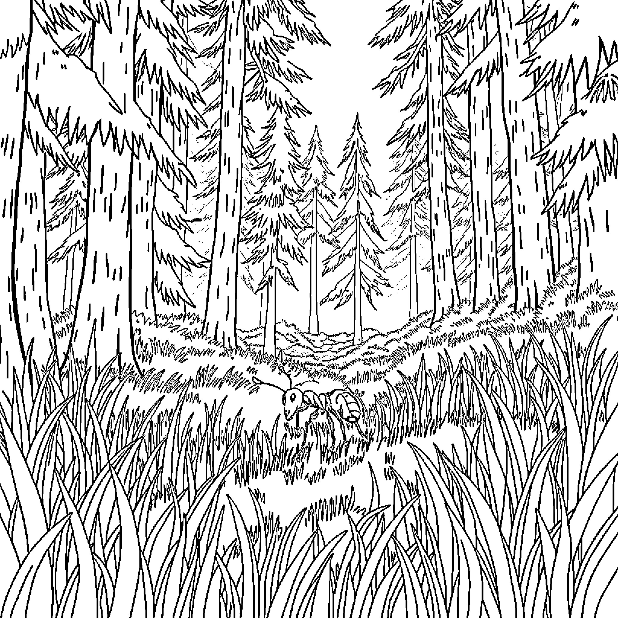 Ant exploring the wilderness of a forest Coloring Page (free black-and-white line drawing printable PDF for all, from beginners to advanced learners, including children, teens, adults, and seniors)