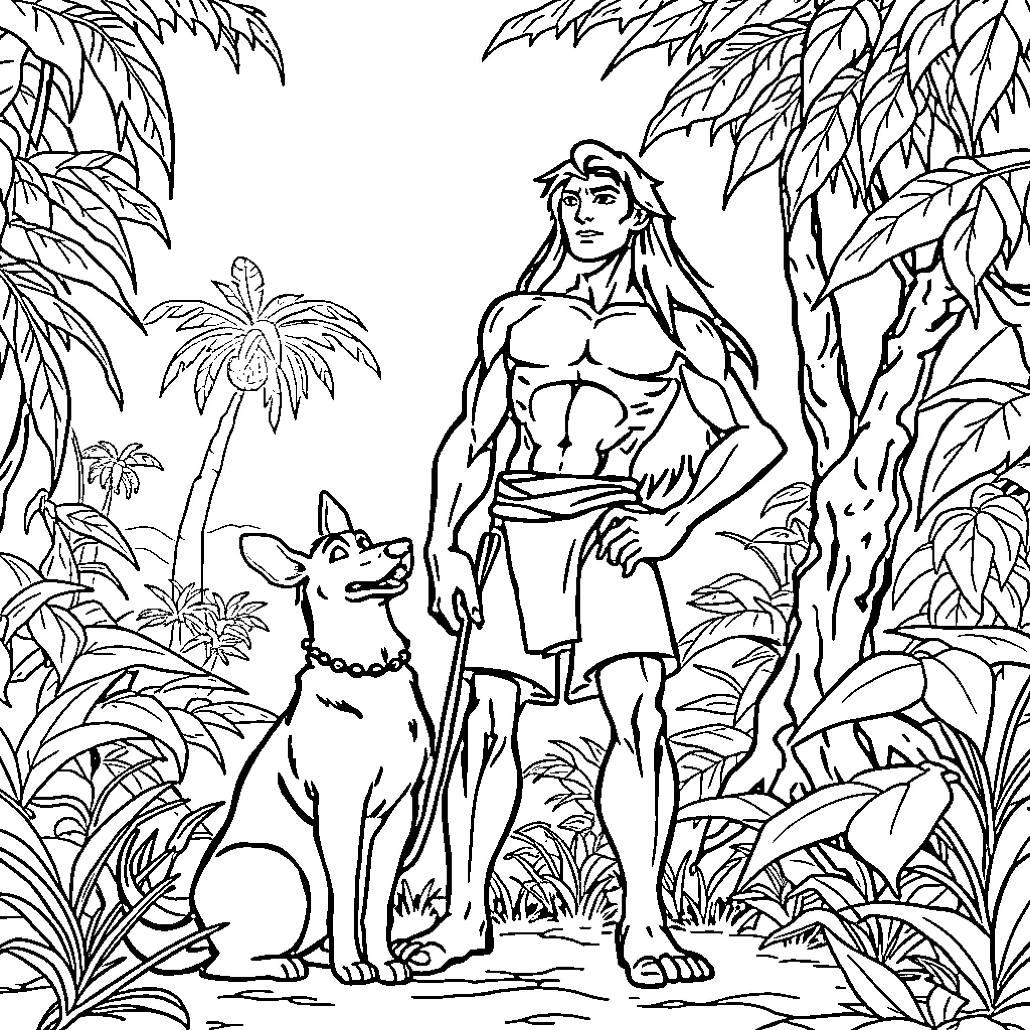 Tarzan exploring the jungle with his animal companion Coloring Page (free black-and-white line drawing printable PDF for all, from beginners to advanced learners, including children, teens, adults, and seniors)