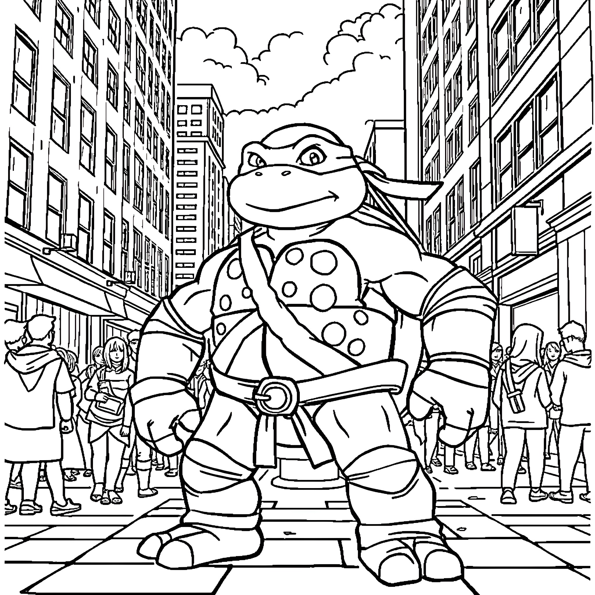 Ninja Turtle exploring the city streets Coloring Page (free black-and-white line drawing printable PDF for all, from beginners to advanced learners, including children, teens, adults, and seniors)