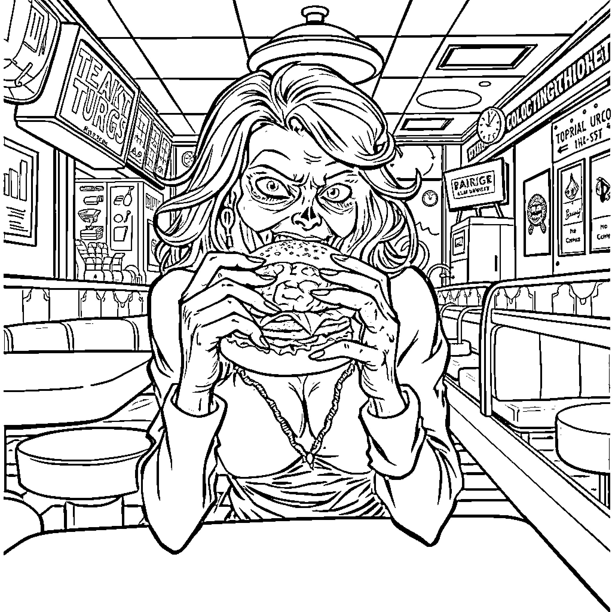 Zombie Diner: Undead Feasting on Fast Food Coloring Page (free black-and-white line drawing printable PDF for all, from beginners to advanced learners, including children, teens, adults, and seniors)