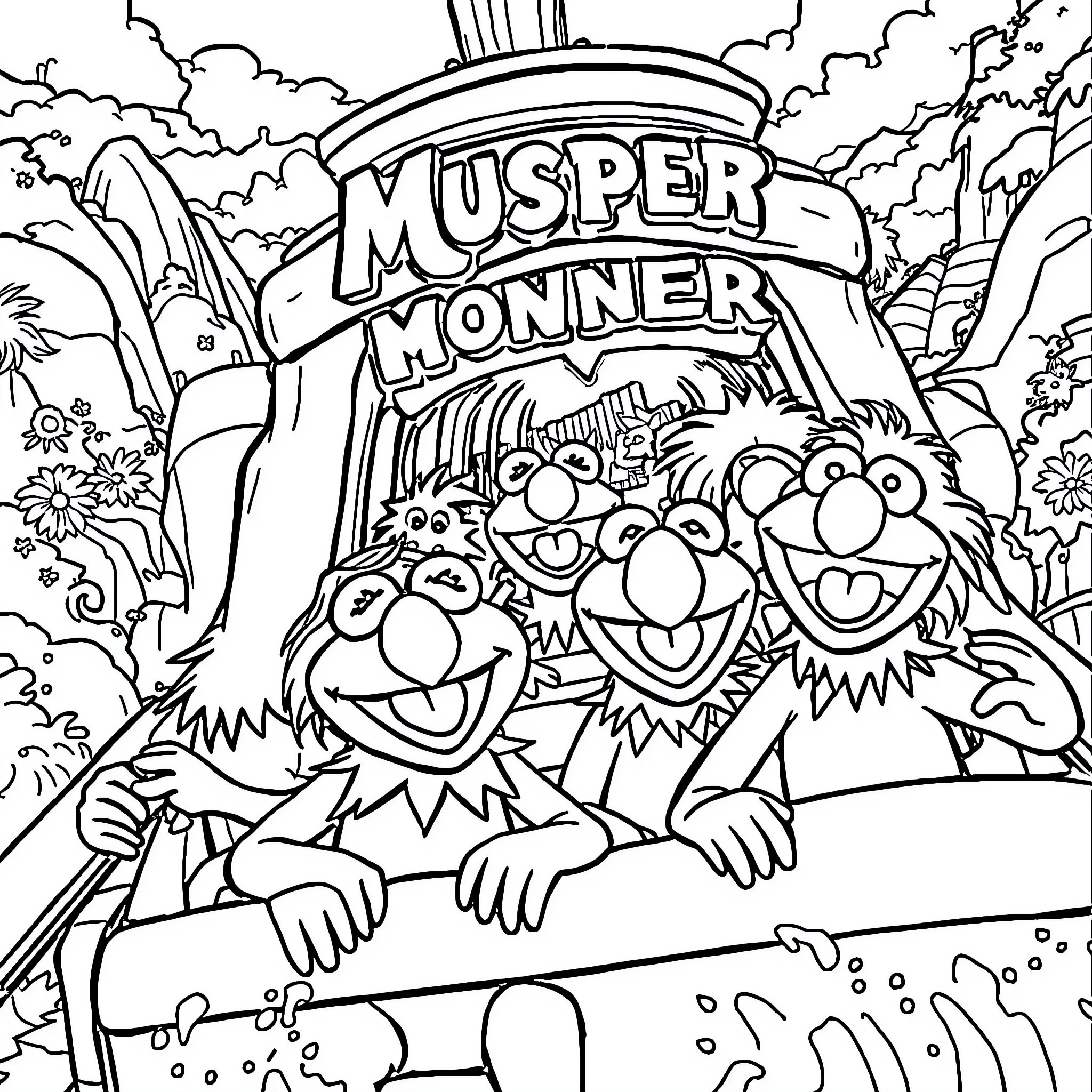 Muppet characters in a lively outdoor scene Coloring Page (free black-and-white line drawing printable PDF for all, from beginners to advanced learners, including children, teens, adults, and seniors)