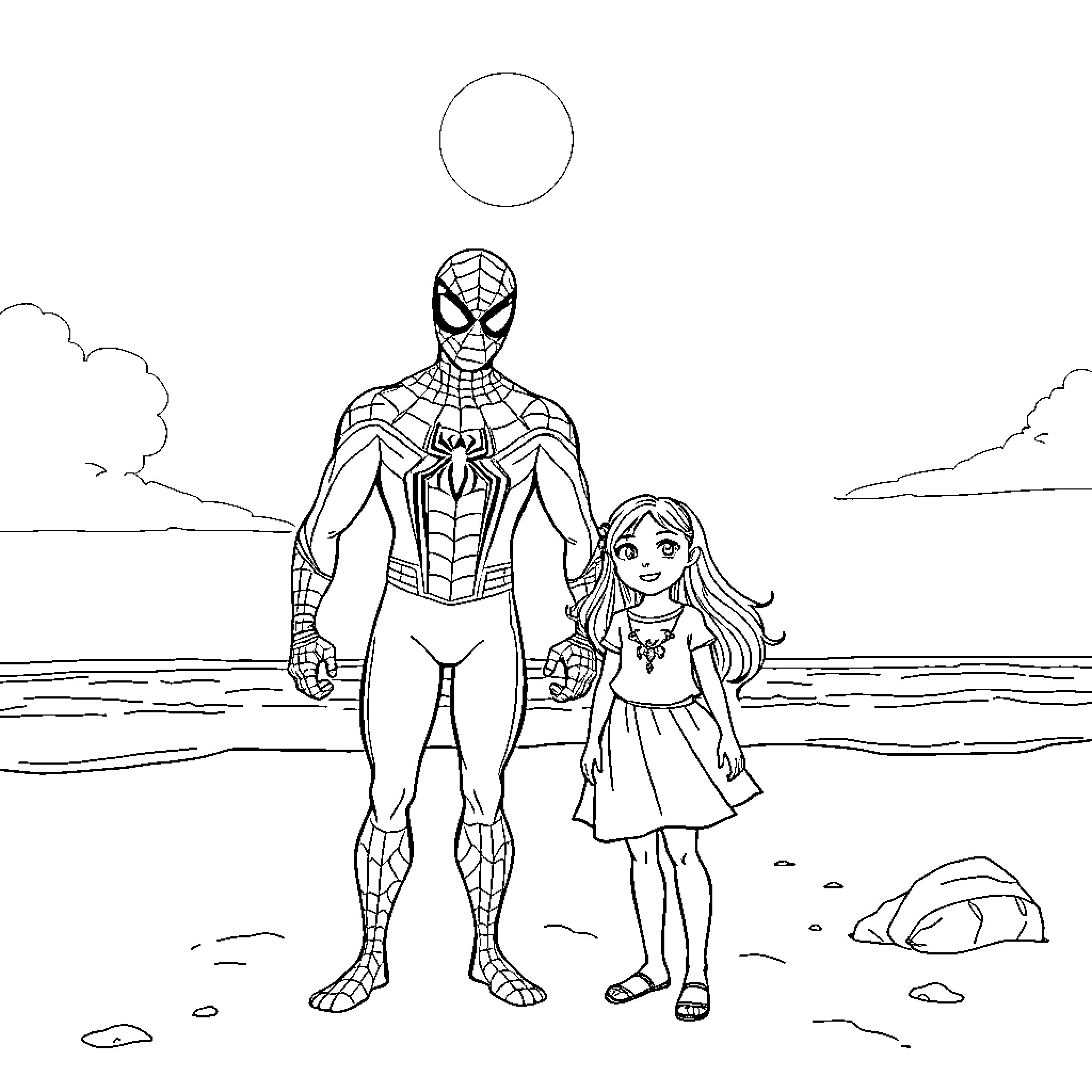 Spiderman and a young girl explore the beach Coloring Page (free black-and-white line drawing printable PDF for all, from beginners to advanced learners, including children, teens, adults, and seniors)
