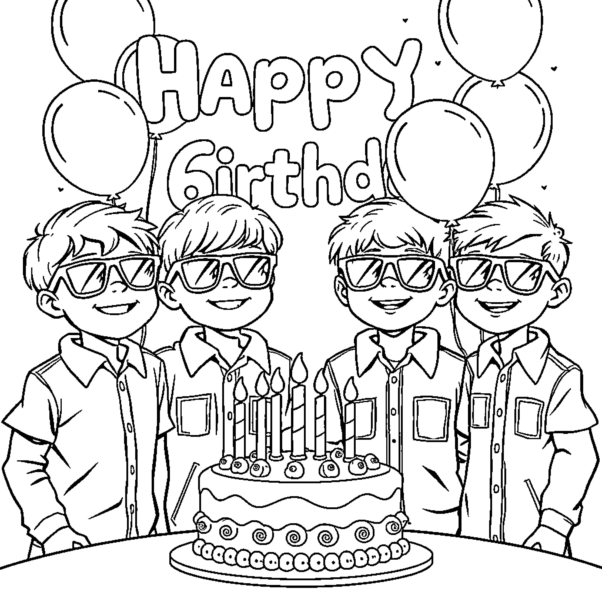 Boys celebrating joyful birthday with cake and balloons Coloring Page (free black-and-white line drawing printable PDF for all, from beginners to advanced learners, including children, teens, adults, and seniors)
