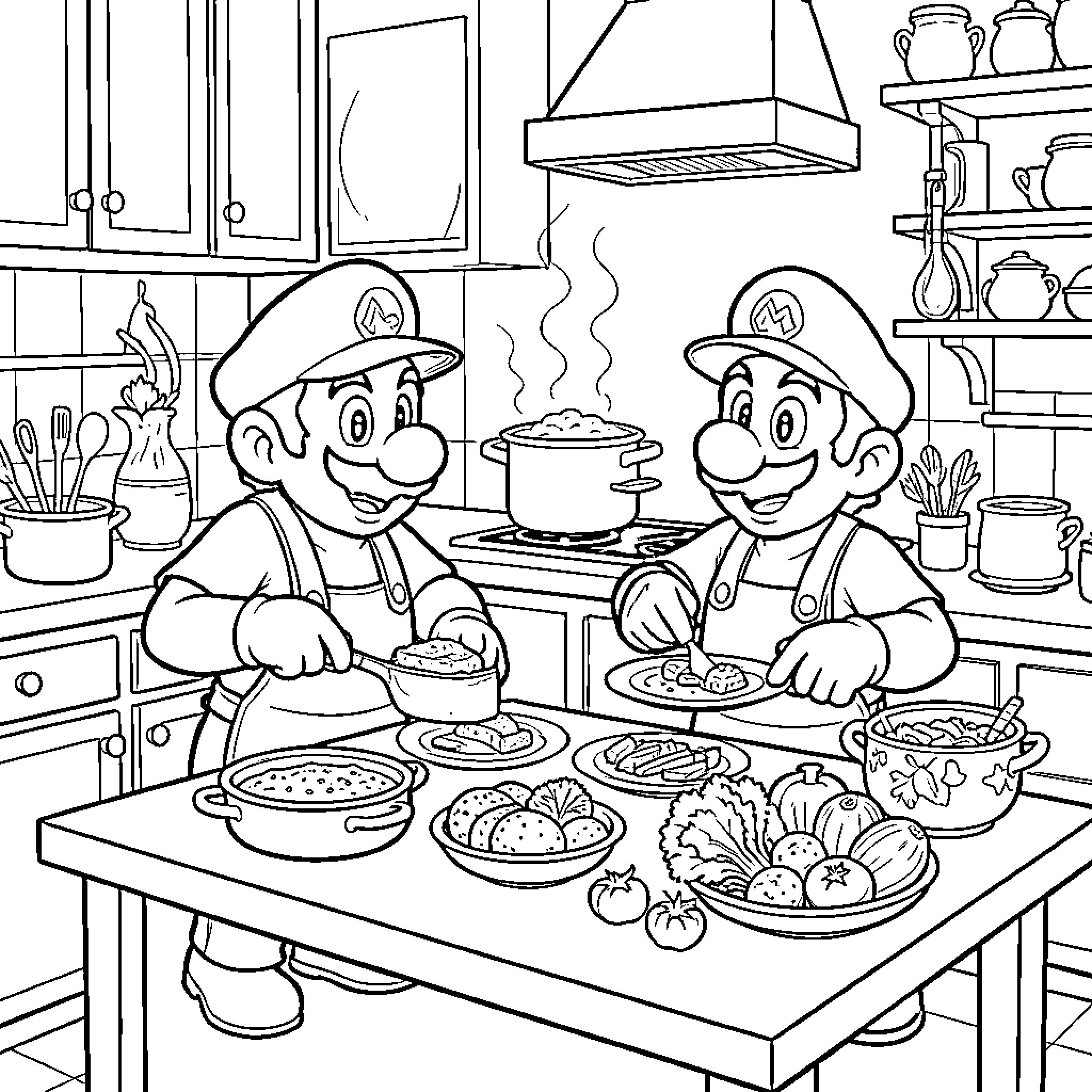Mario Brothers Cooking Together in the Kitchen Coloring Page (free black-and-white line drawing printable PDF for all, from beginners to advanced learners, including children, teens, adults, and seniors)