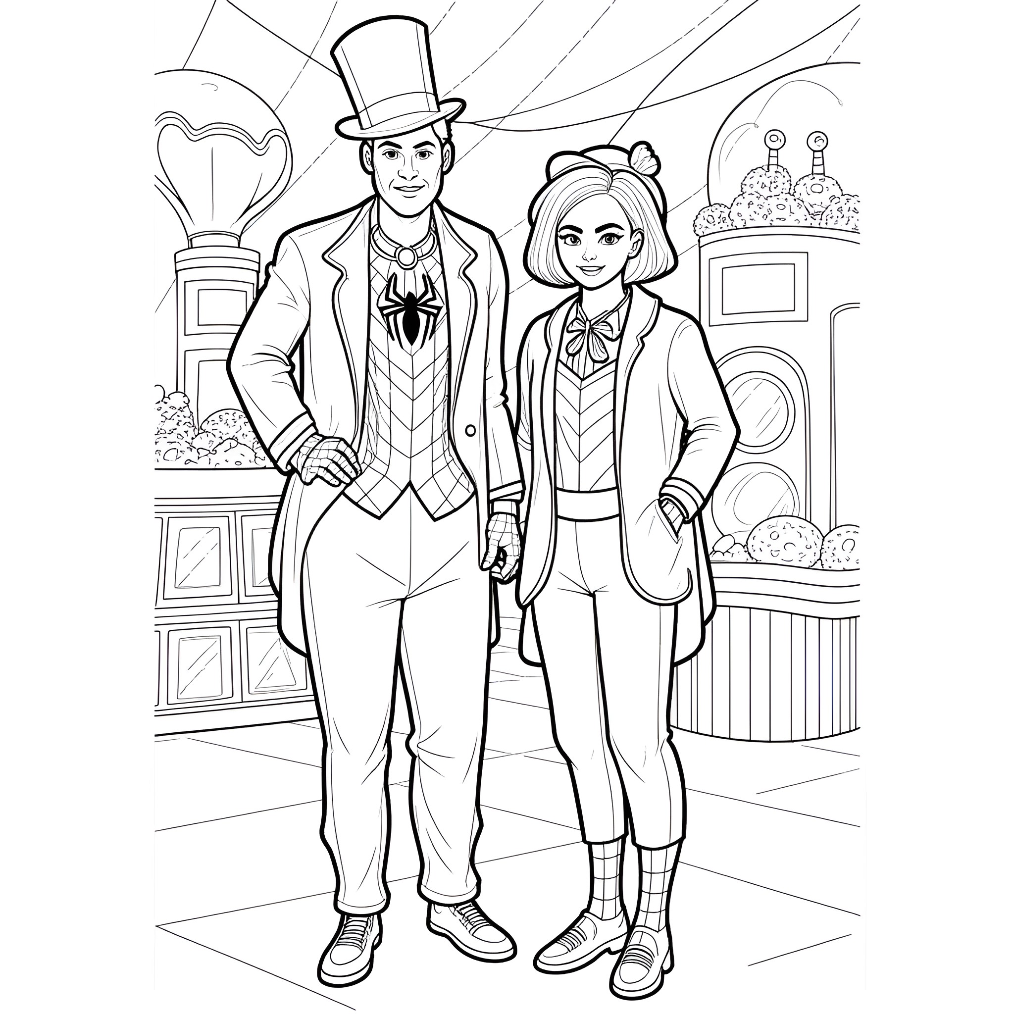 Spiderman in formal attire with companion Coloring Page (free black-and-white line drawing printable PDF for all, from beginners to advanced learners, including children, teens, adults, and seniors)