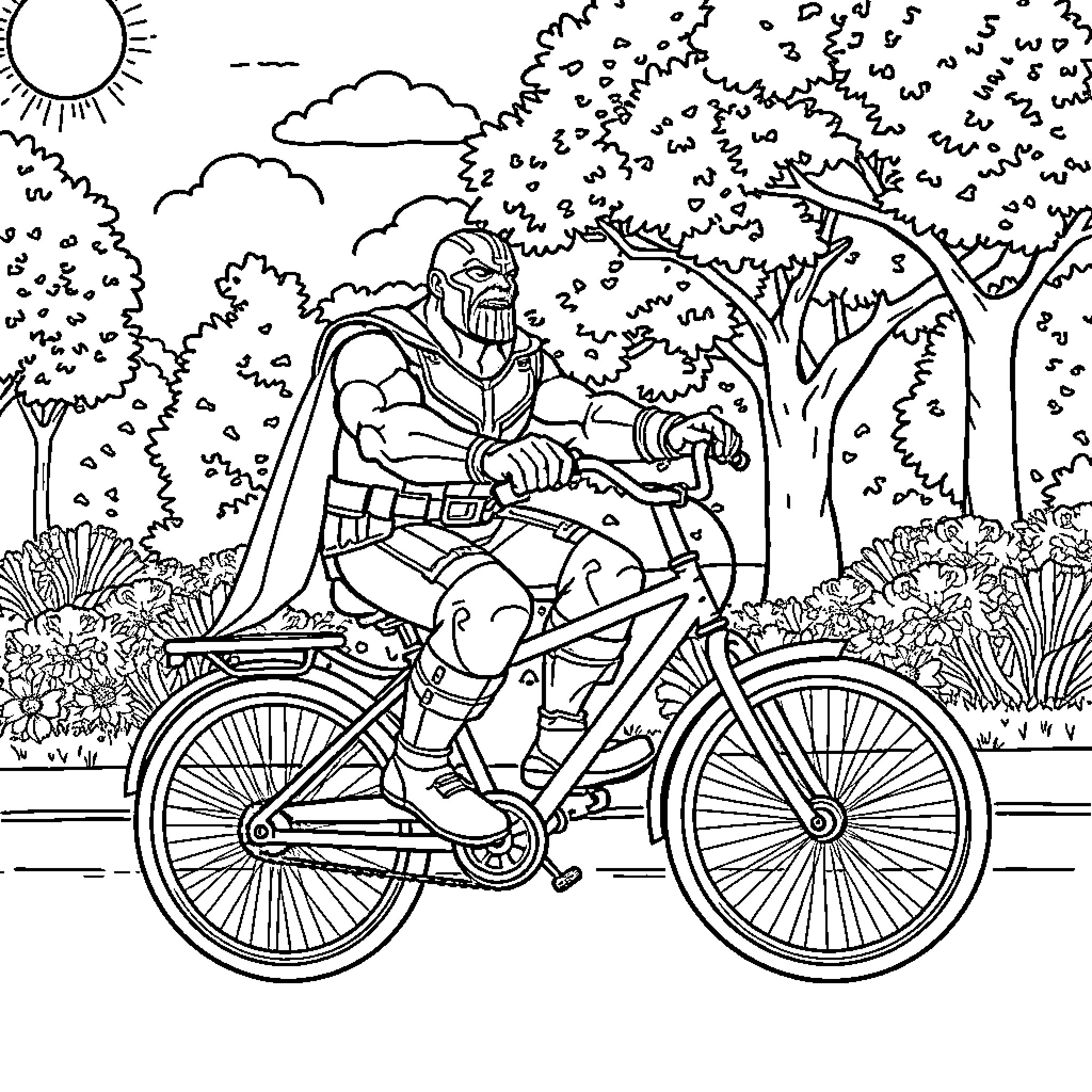 Thanos enjoying a leisurely bicycle ride in nature Coloring Page (free black-and-white line drawing printable PDF for all, from beginners to advanced learners, including children, teens, adults, and seniors)