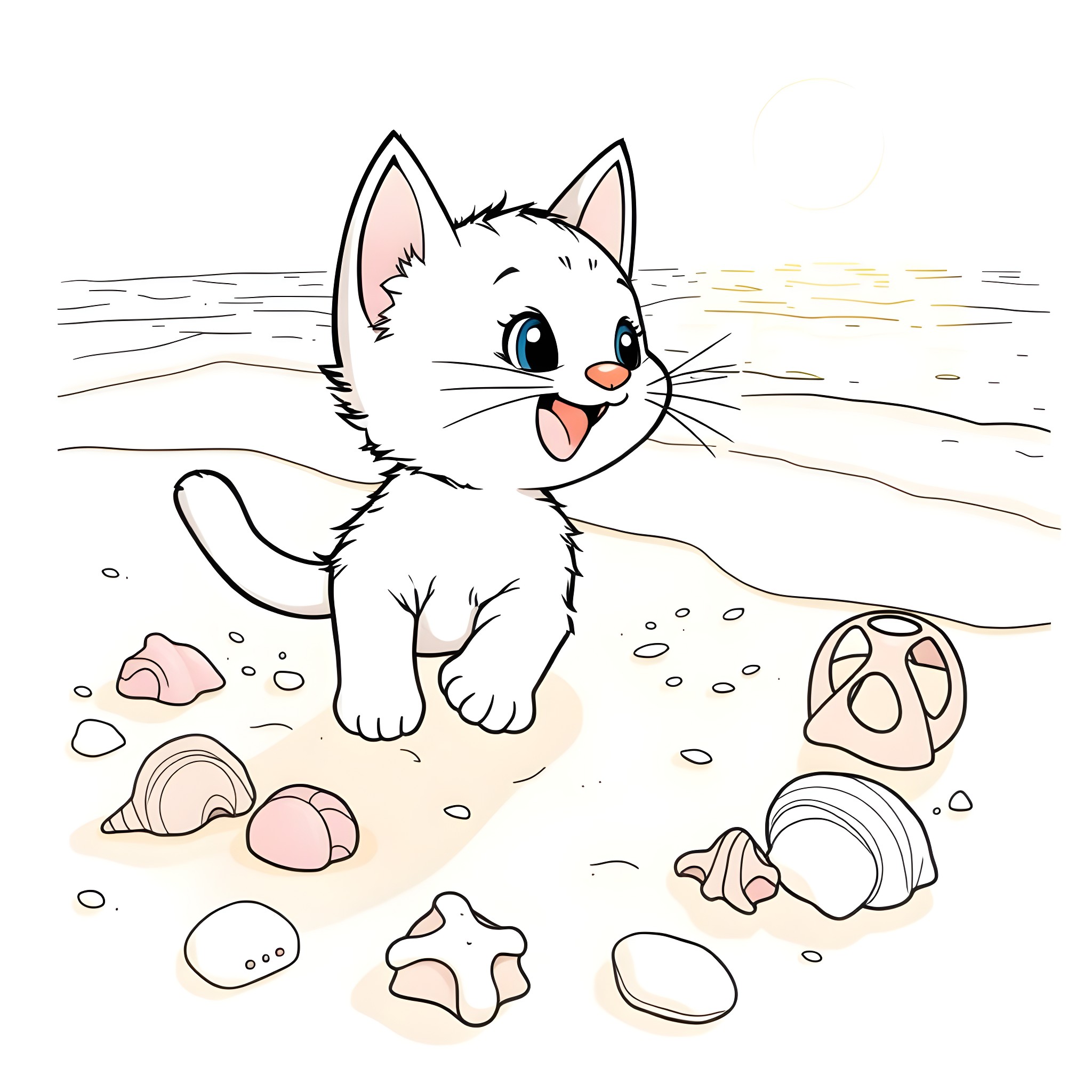 Kitten playing on the beach Coloring Page (free black-and-white line drawing printable PDF for all, from beginners to advanced learners, including children, teens, adults, and seniors)