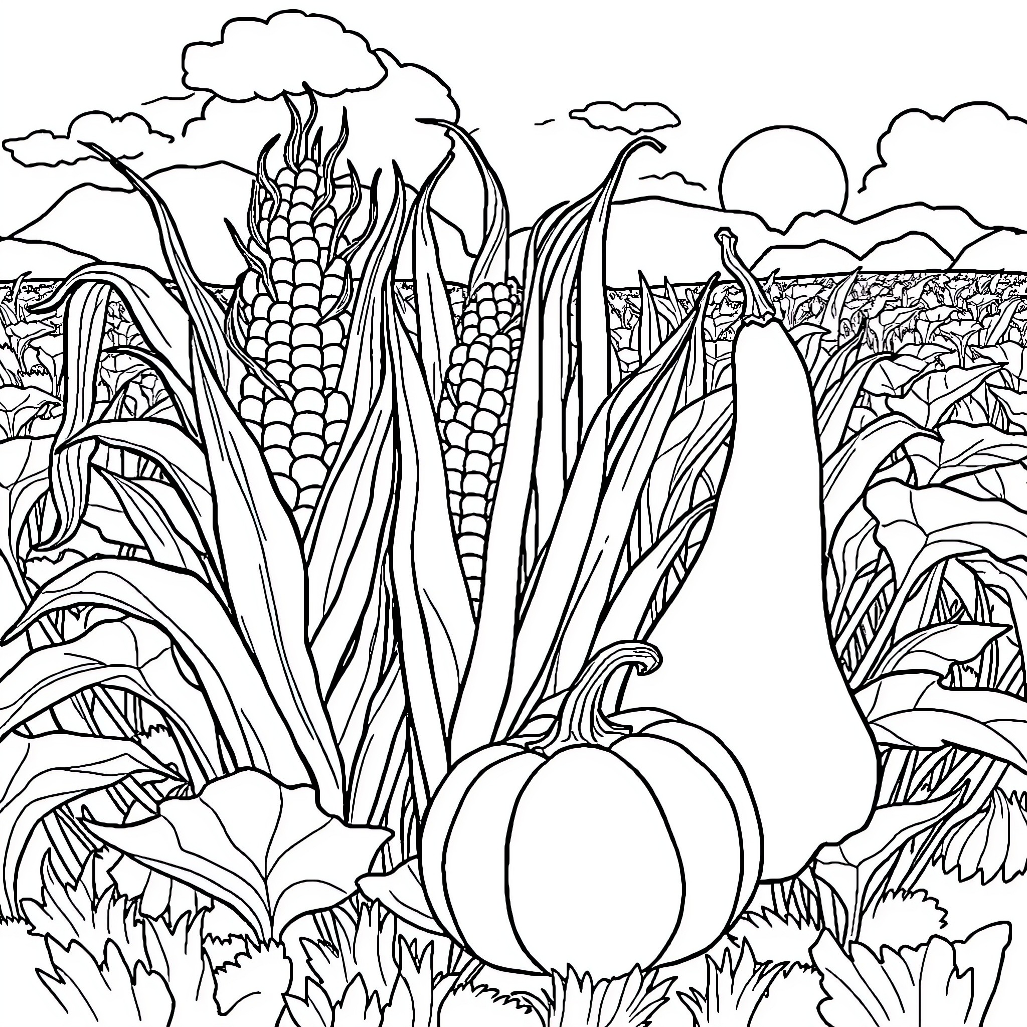 Crop Field with Pumpkins and Corn Coloring Page (free black-and-white line drawing printable PDF for all, from beginners to advanced learners, including children, teens, adults, and seniors)