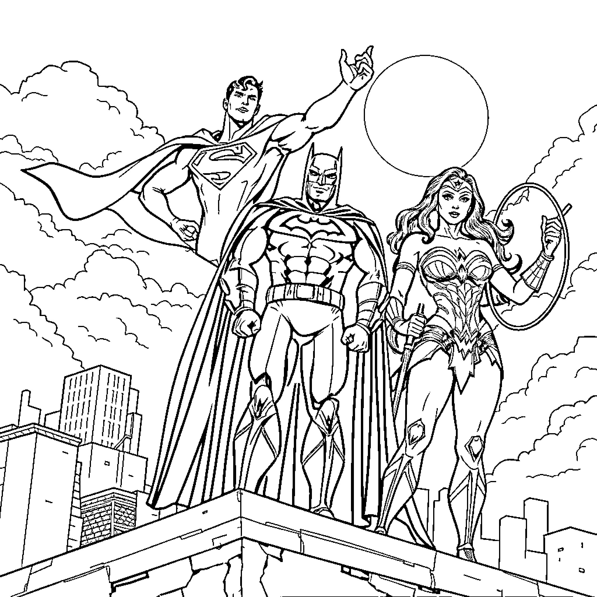 Superhero Trio Stands Strong and Defiant in the City Coloring Page (free black-and-white line drawing printable PDF for all, from beginners to advanced learners, including children, teens, adults, and seniors)