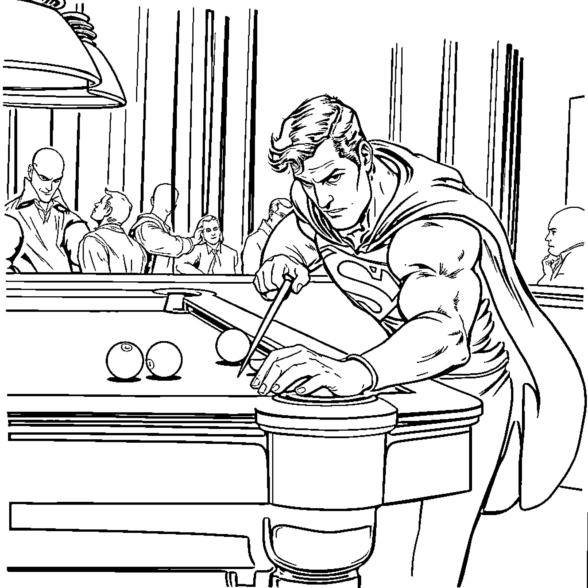 Superman in a courtroom drama scene Coloring Page (free black-and-white line drawing printable PDF for all, from beginners to advanced learners, including children, teens, adults, and seniors)