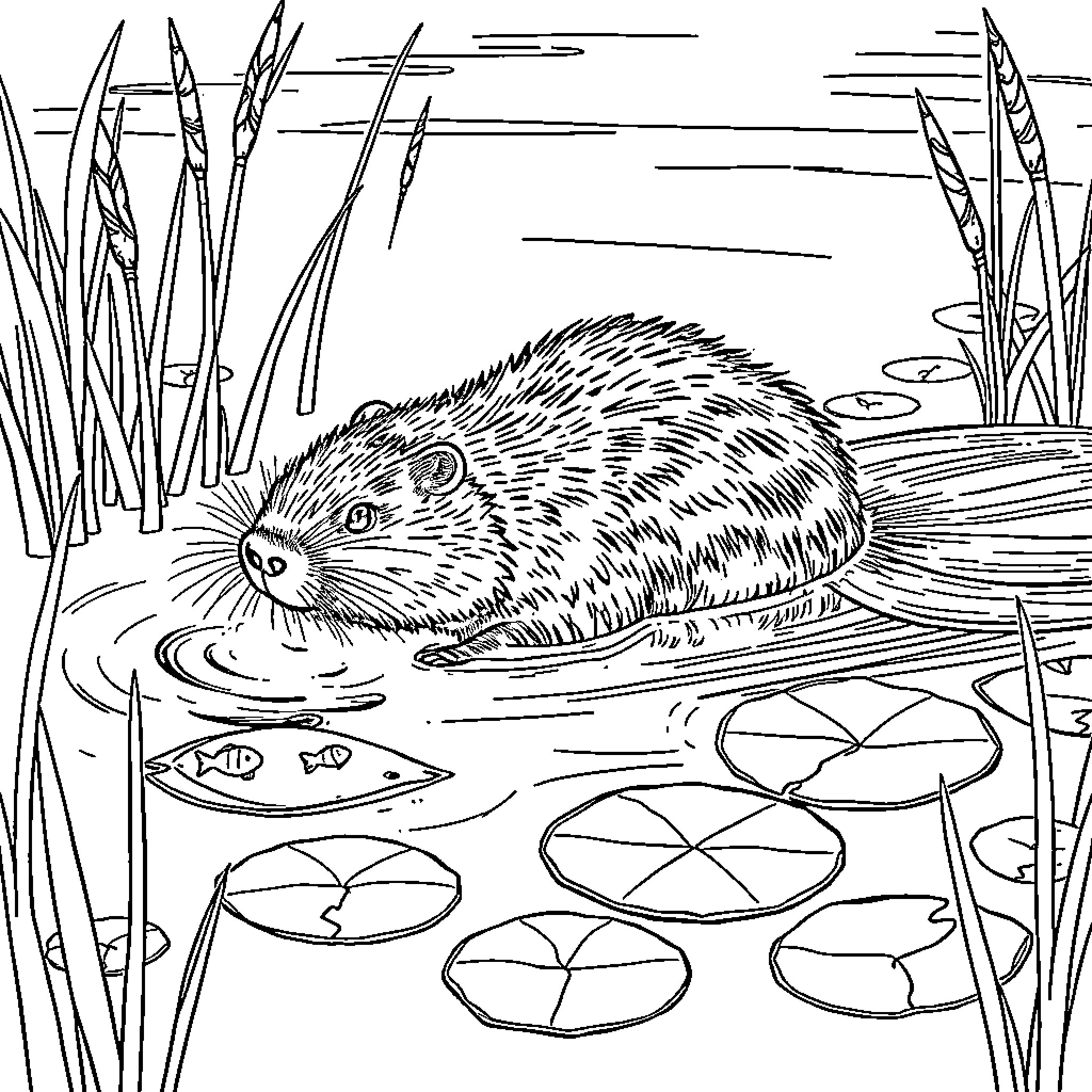 Muskrat swimming in the lily pad pond Coloring Page (free black-and-white line drawing printable PDF for all, from beginners to advanced learners, including children, teens, adults, and seniors)