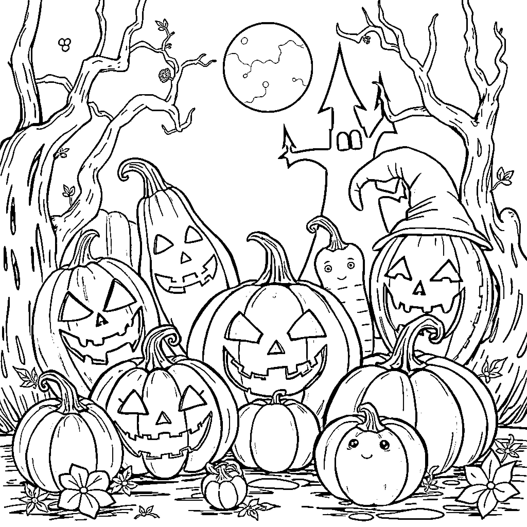 Vegetable Pumpkins in Haunting Halloween Scene Coloring Page (free black-and-white line drawing printable PDF for all, from beginners to advanced learners, including children, teens, adults, and seniors)