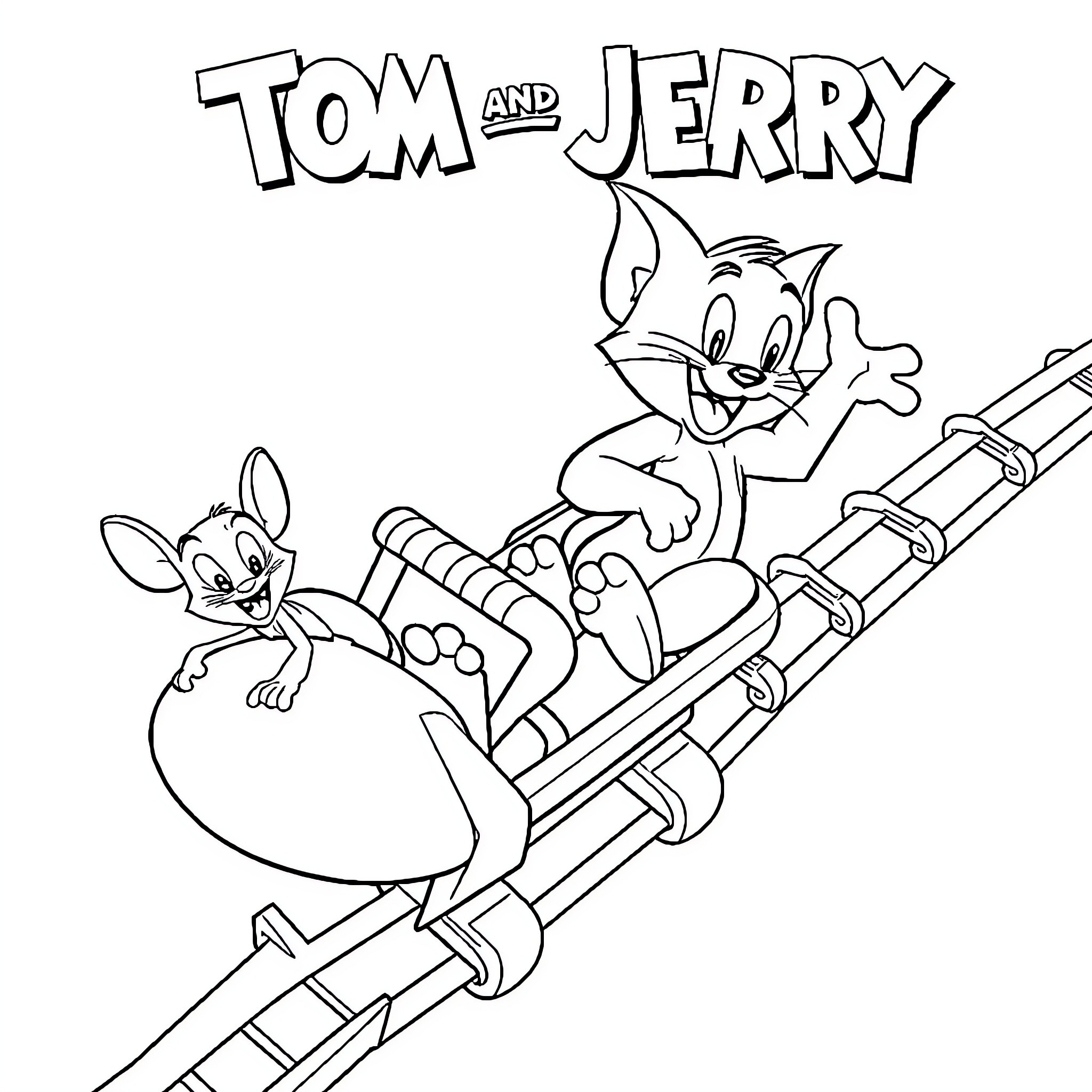 Tom and Jerry's Mischievous Antics on a Contraption Coloring Page (free black-and-white line drawing printable PDF for all, from beginners to advanced learners, including children, teens, adults, and seniors)